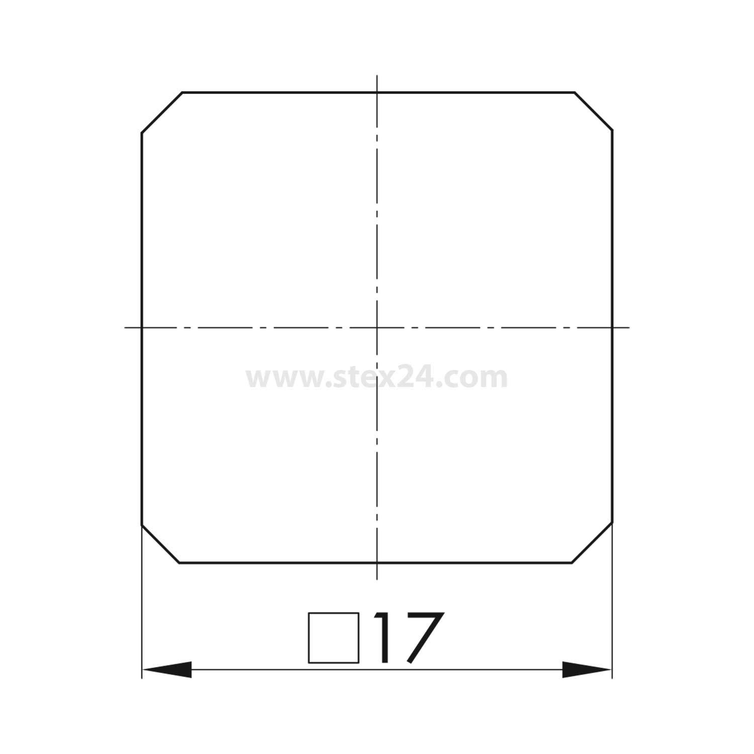 Eine technische Zeichnung eines Quadrats mit abgeschrägten Ecken. Sie zeigt eine zentrale horizontale und vertikale Linie, wobei die Seitenlänge mit 17 beschriftet ist.
