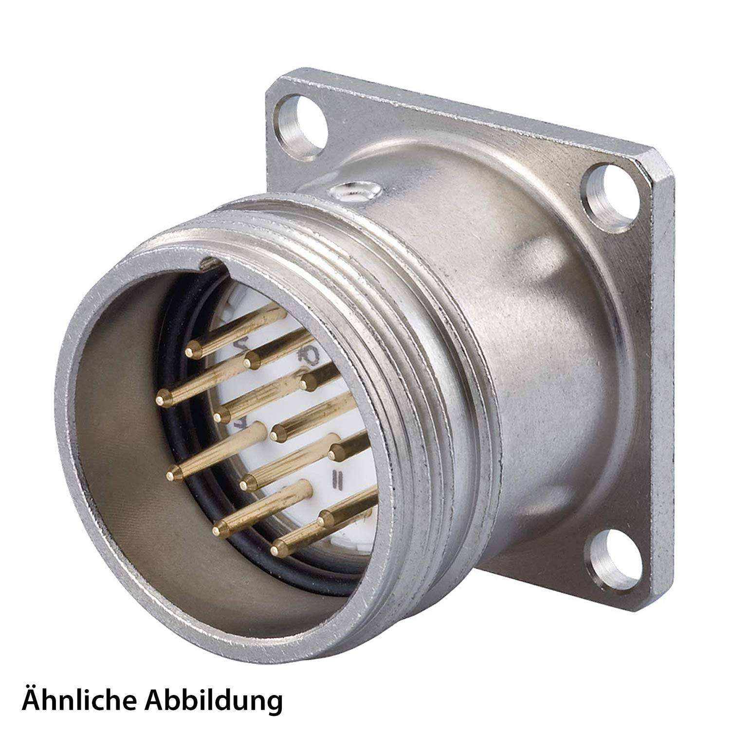Ein runder Metallverbinder mit mehreren goldenen Pins und einem quadratischen Flansch mit vier Schraublöchern, der zur Befestigung an Oberflächen verwendet wird.