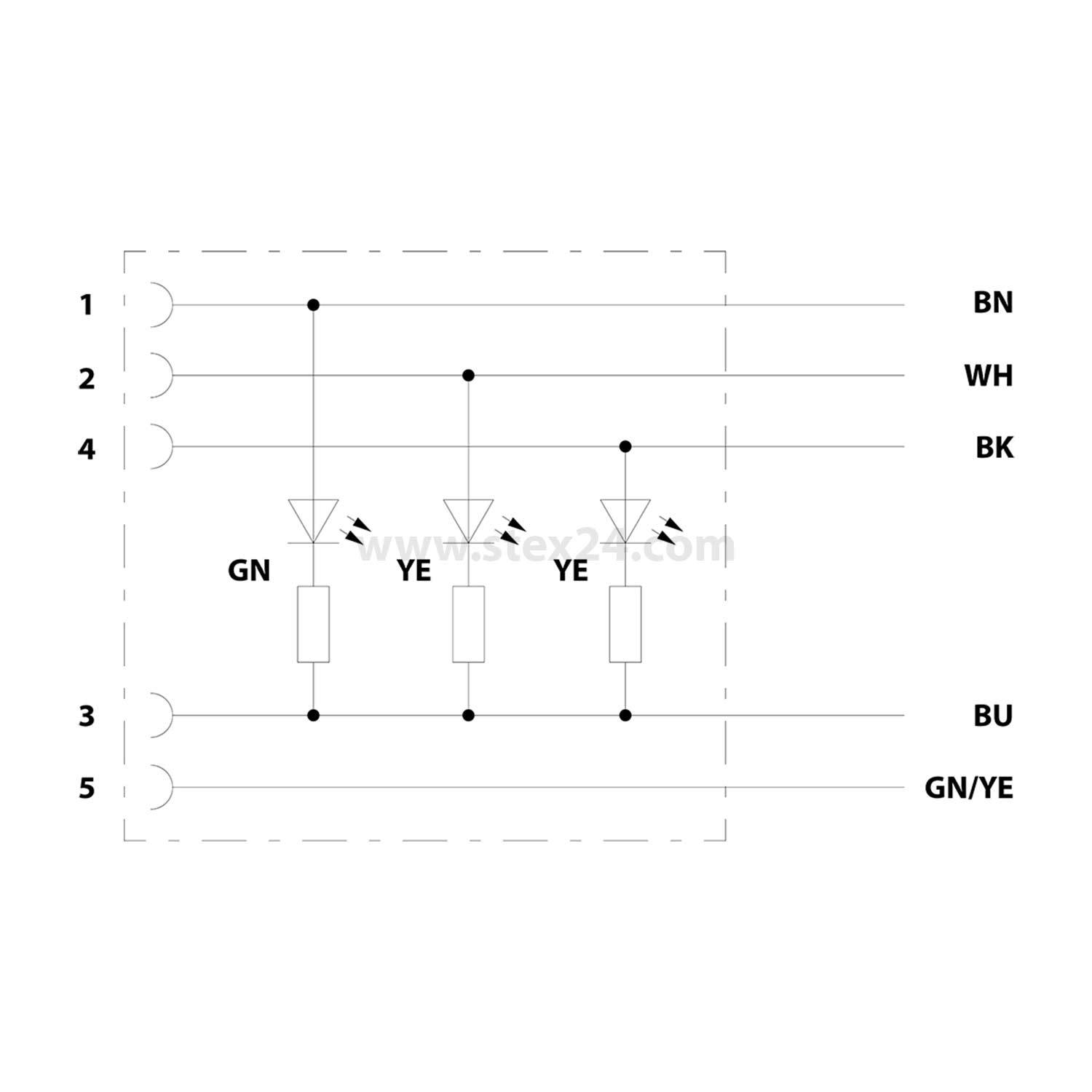 Elektrisches Schaltkreisdiagramm, das Verbindungen zwischen Komponenten mit den Linien 1, 2, 3, 4, 5 und den beschrifteten Farben BN, WH, BK, GN, YE, BU, GN/YE zeigt.