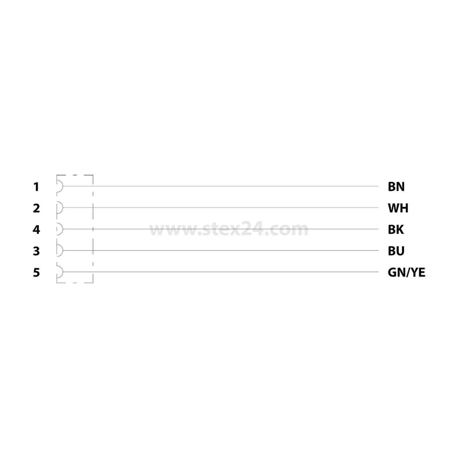 www.stex24.com' Schaltplan mit fünf Anschlüssen: 1-BN, 2-WH, 3-BK, 4-BU, 5-GN/YE.