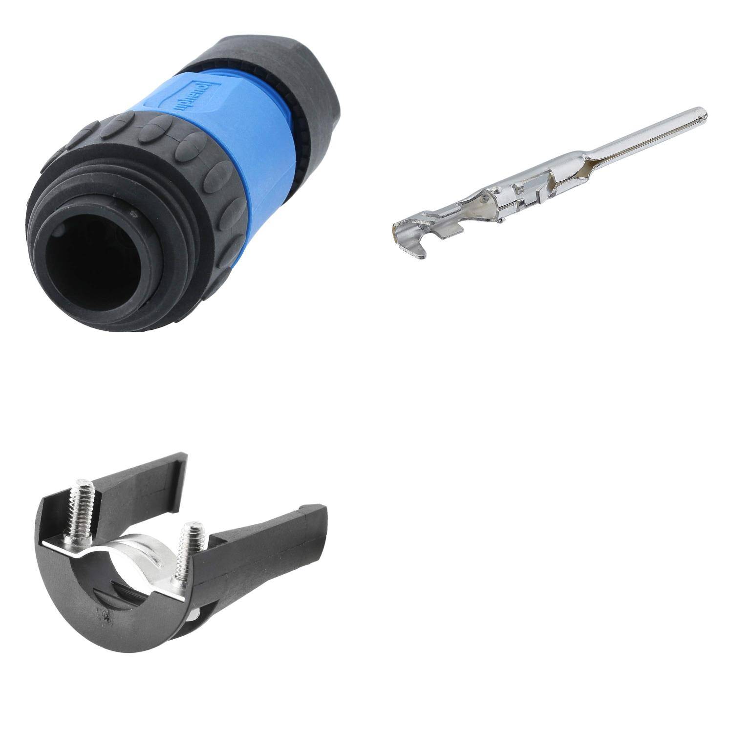 Ein blau-schwarzer Gummigriff-Werkzeug, eine Metallstange mit gehaktem Ende und eine schwarze Klemme mit Metalleinsatz, verwendet für elektrische Installationen.