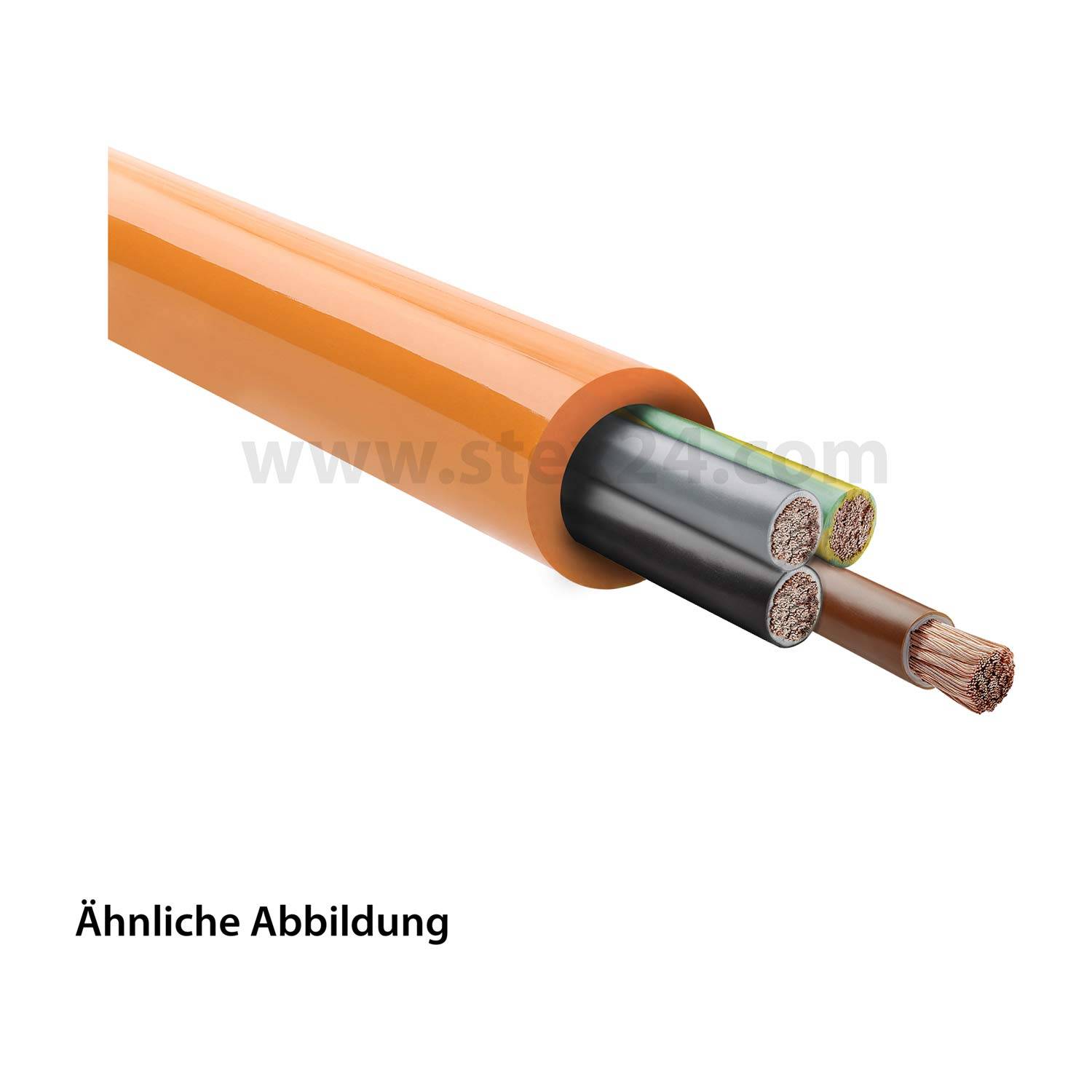 Querschnitt eines orangefarbenen elektrischen Kabels mit mehreren farbigen Drähten im Inneren.