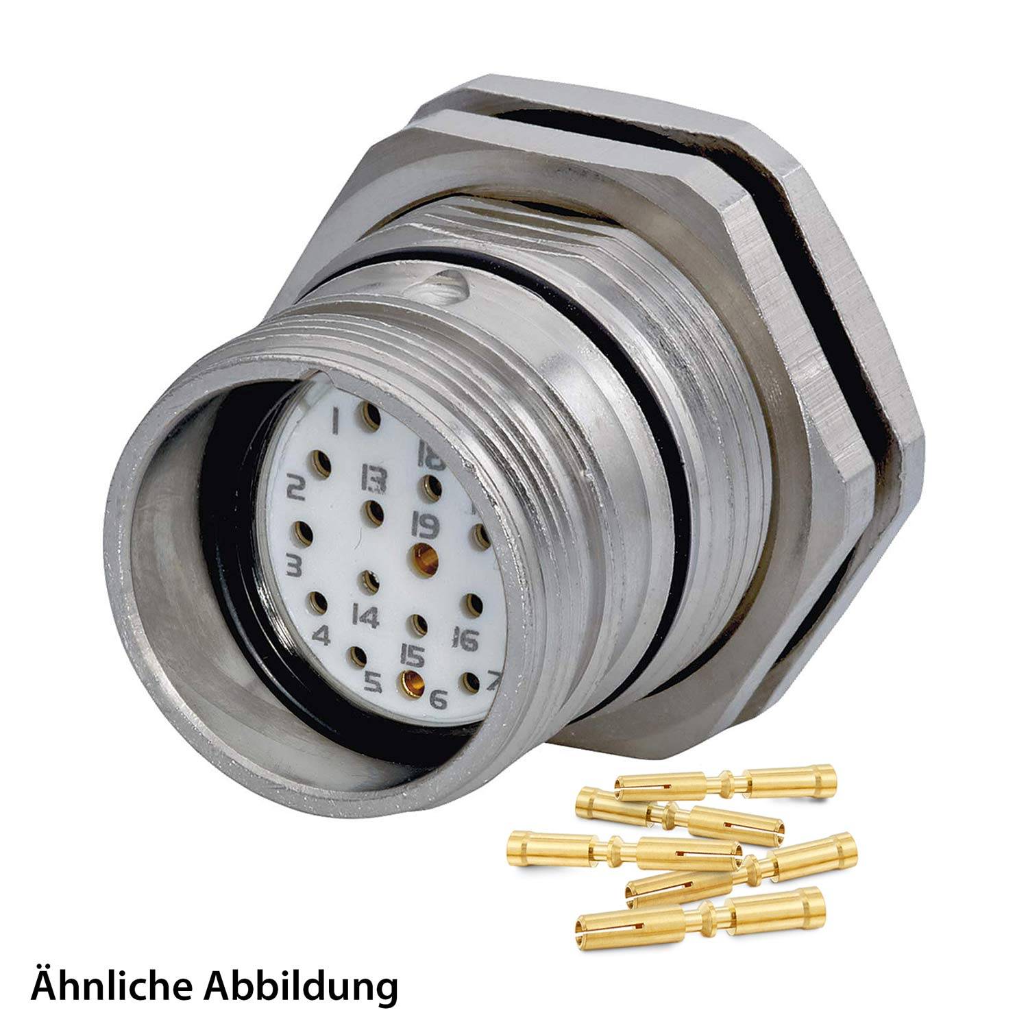Nahaufnahme eines kreisförmigen Metallverbinders mit nummerierten Löchern und begleitenden goldenen Stiften, die eine Komponente für elektronische Verbindungen anzeigen.