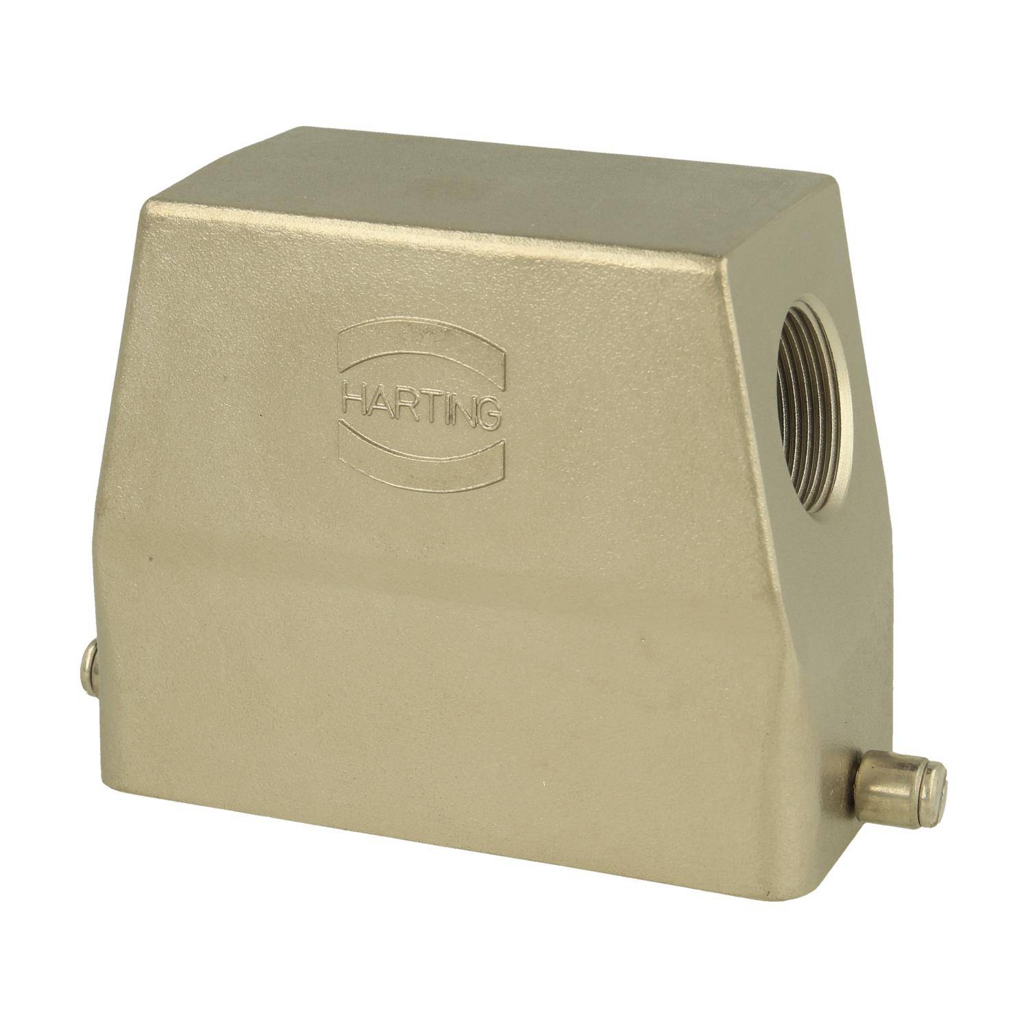 Ein metallisches elektrisches Anschlussgehäuse mit dem Logo 'HARTING', das in das Gehäuse eingeprägt ist. Das Gehäuse verfügt über seitliche Öffnungen für Kabelanschlüsse.