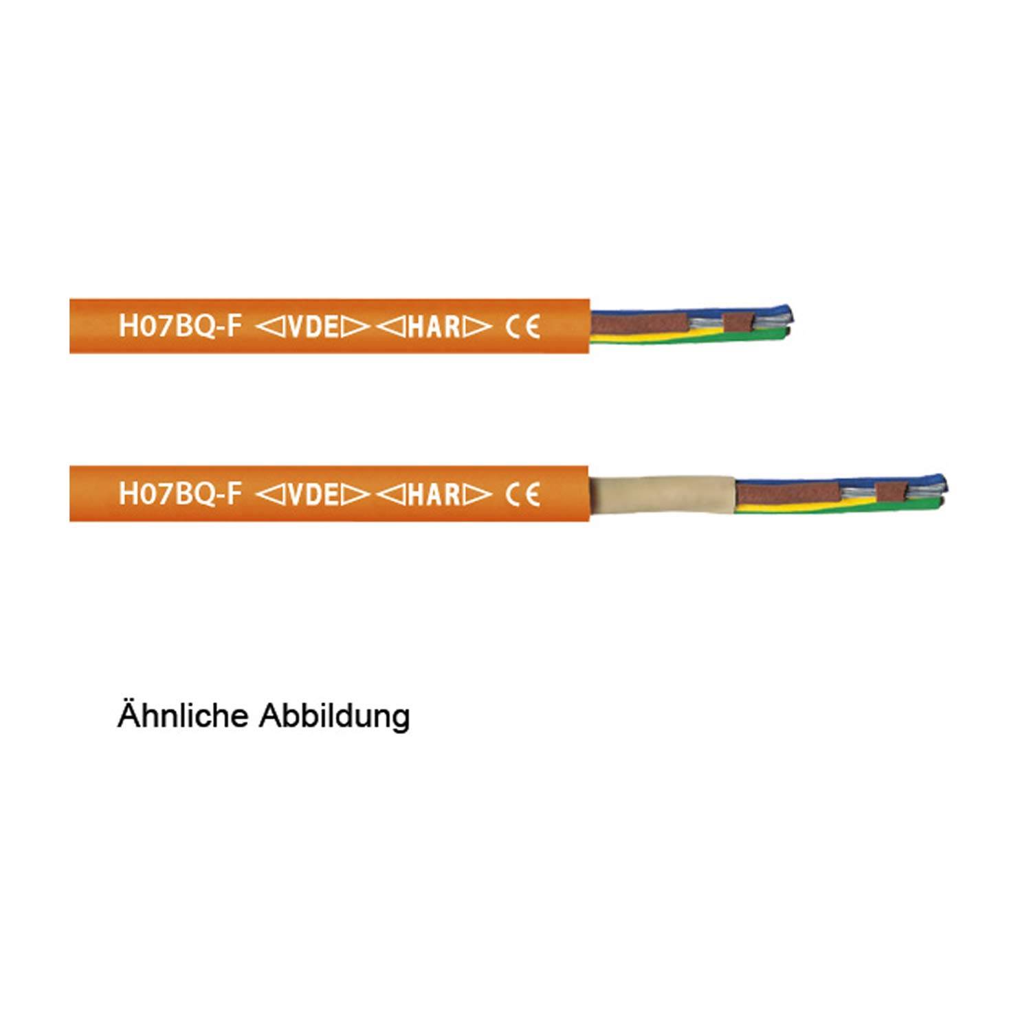 Kabel mit orangefarbener Isolierung, beschriftet mit 'H07BQ-F   CE'. Isolierung teilweise entfernt, farbige Leitungen sichtbar. Text lautet 'Ähnliche Abbildung'.