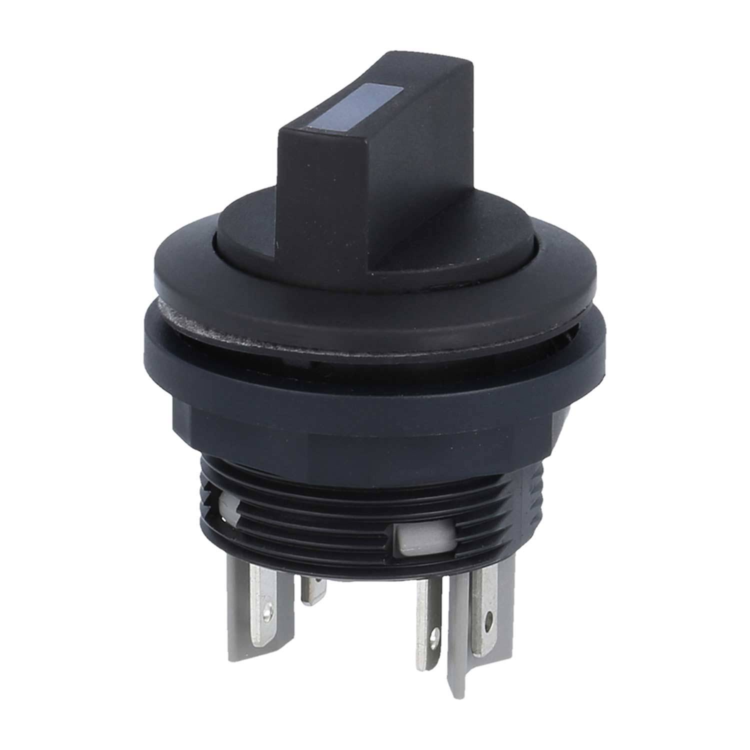 Ein schwarzer Drehschalter mit gerilltem Design und vier Metallanschlüssen, der zur Steuerung elektrischer Schaltkreise verwendet wird.