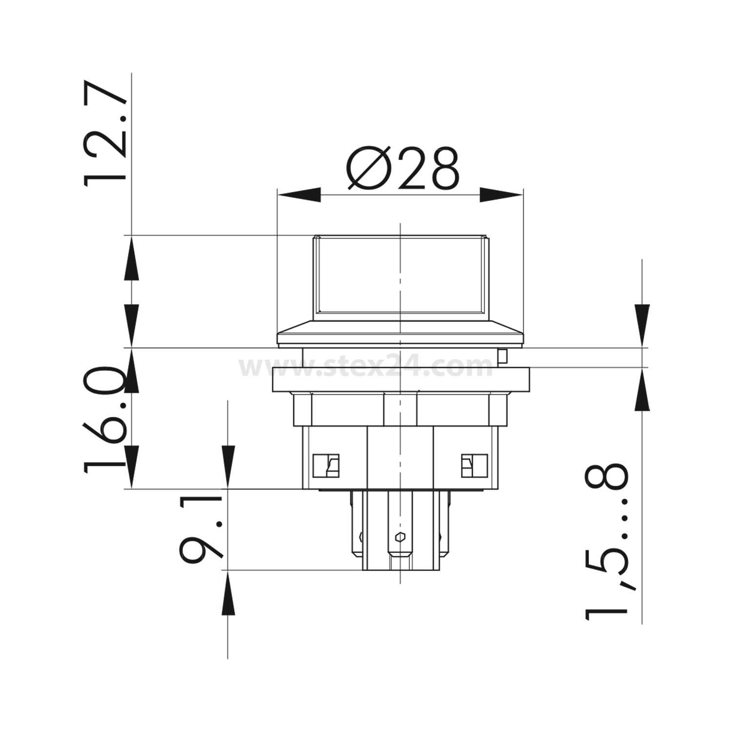Technische Skizze eines zylindrischen Tastschalters mit Maßangaben: Durchmesser 28 mm, Höhe 12,7 mm, Stegenhöhe 16 mm, Basishöhe 9,1 mm.