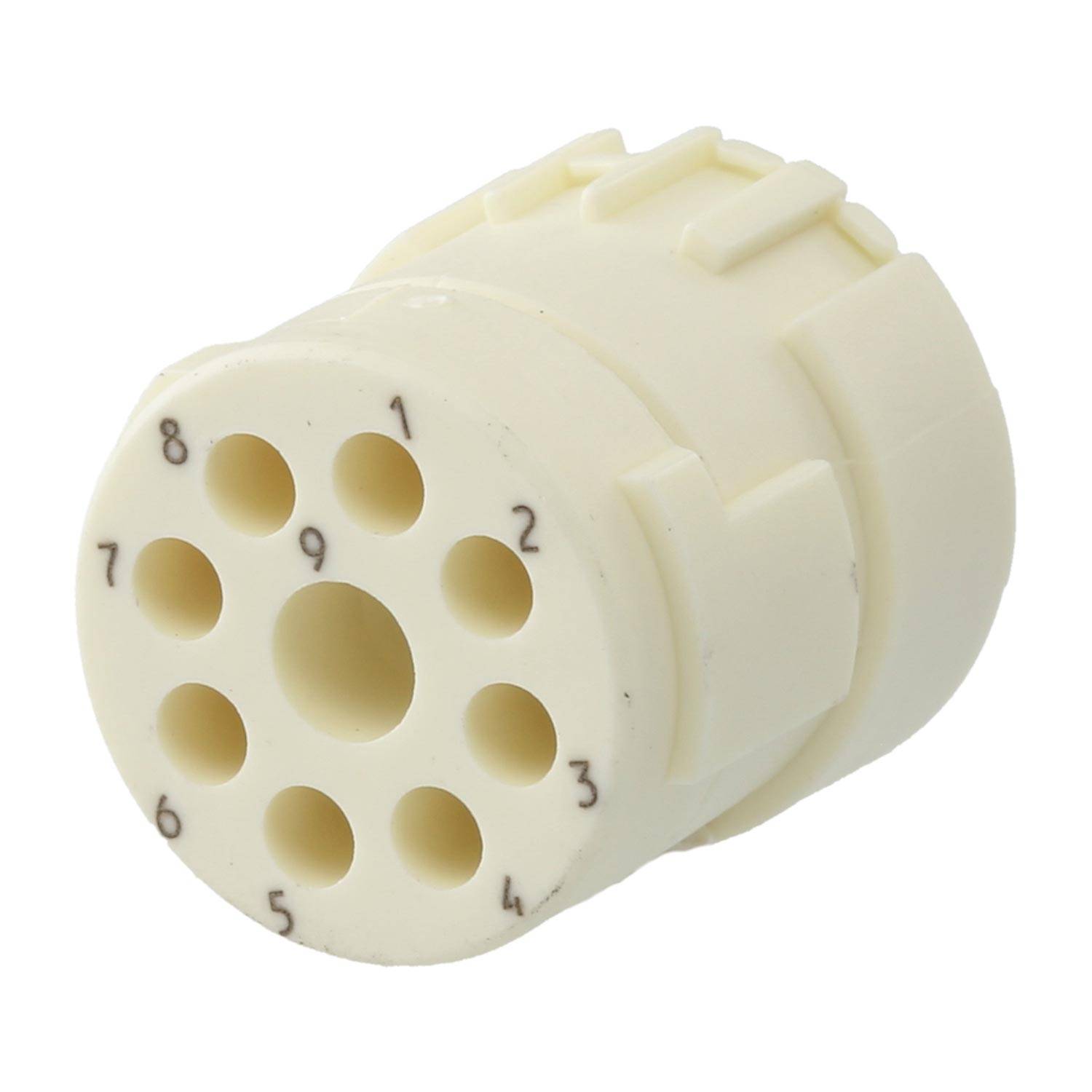 Eine beige kreisförmige elektrische Steckdose mit neun nummerierten Löchern, die in einem Ring angeordnet sind, und einer größeren zentralen Öffnung.
