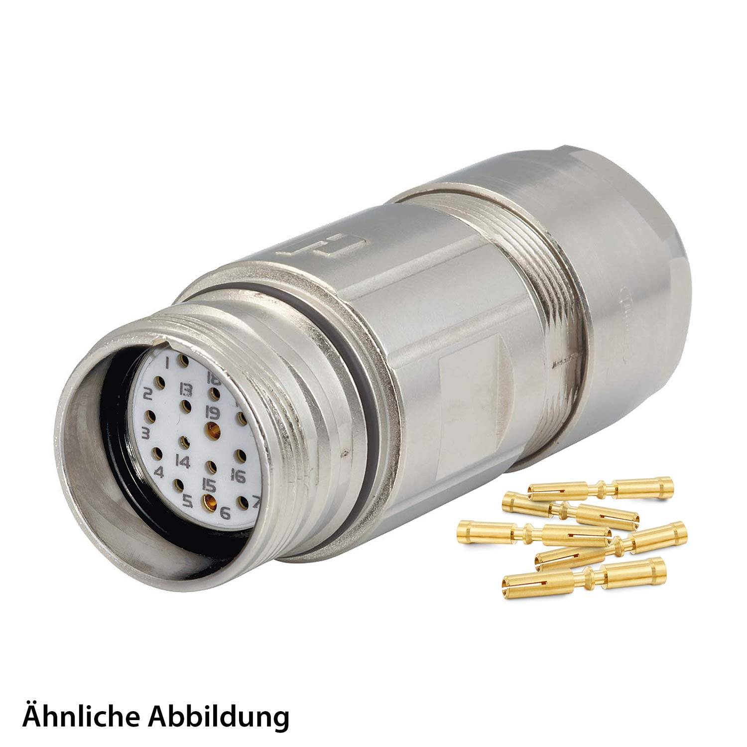 Ein zylindrischer Metallverbinder mit nummerierten Pins an einem Ende, der neben mehreren kleinen, vergoldeten Kontaktpins gezeigt wird.