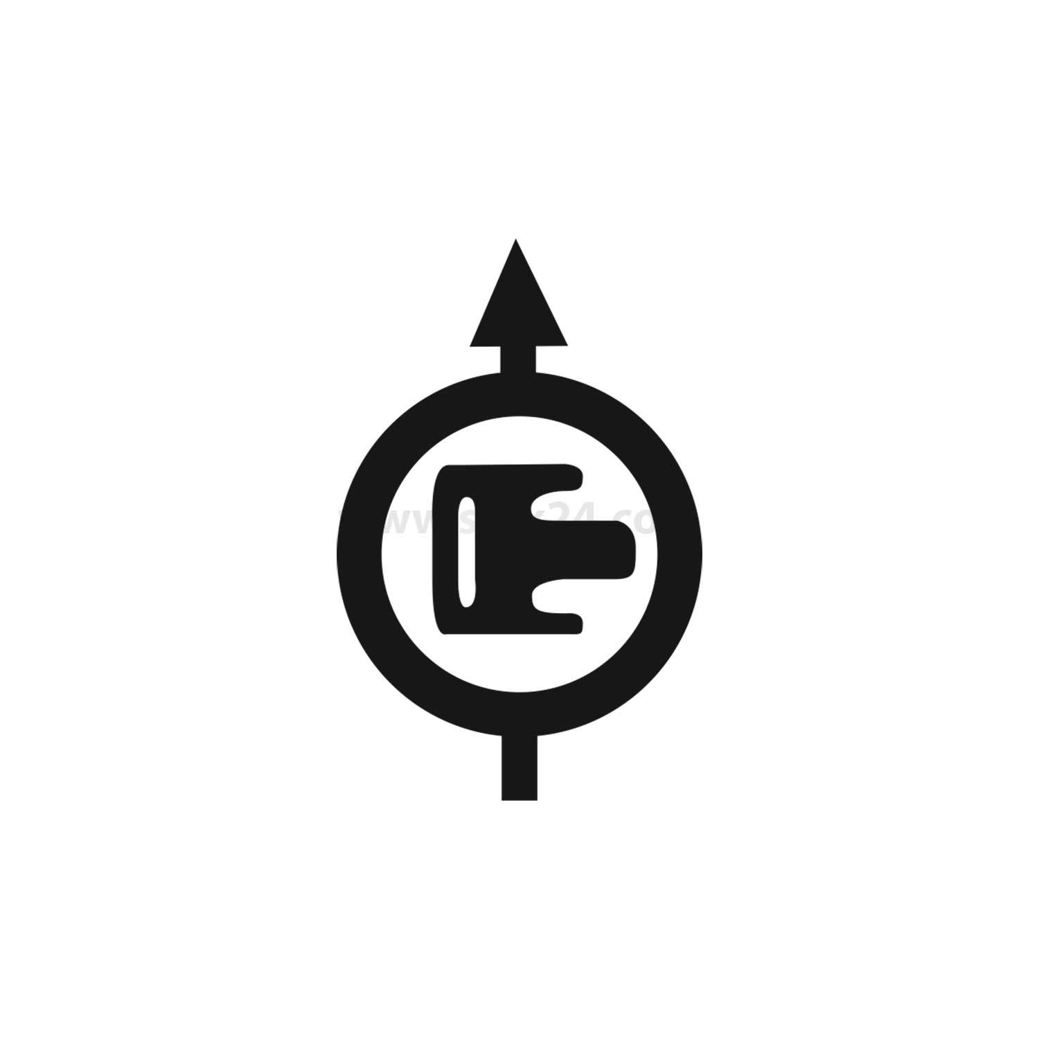 Ein 'E'-Symbol in einem Kreis mit einem Aufwärtspfeil oben und einem Abwärtspfeil unten, was einen elektrischen oder Richtungsindikator andeutet.