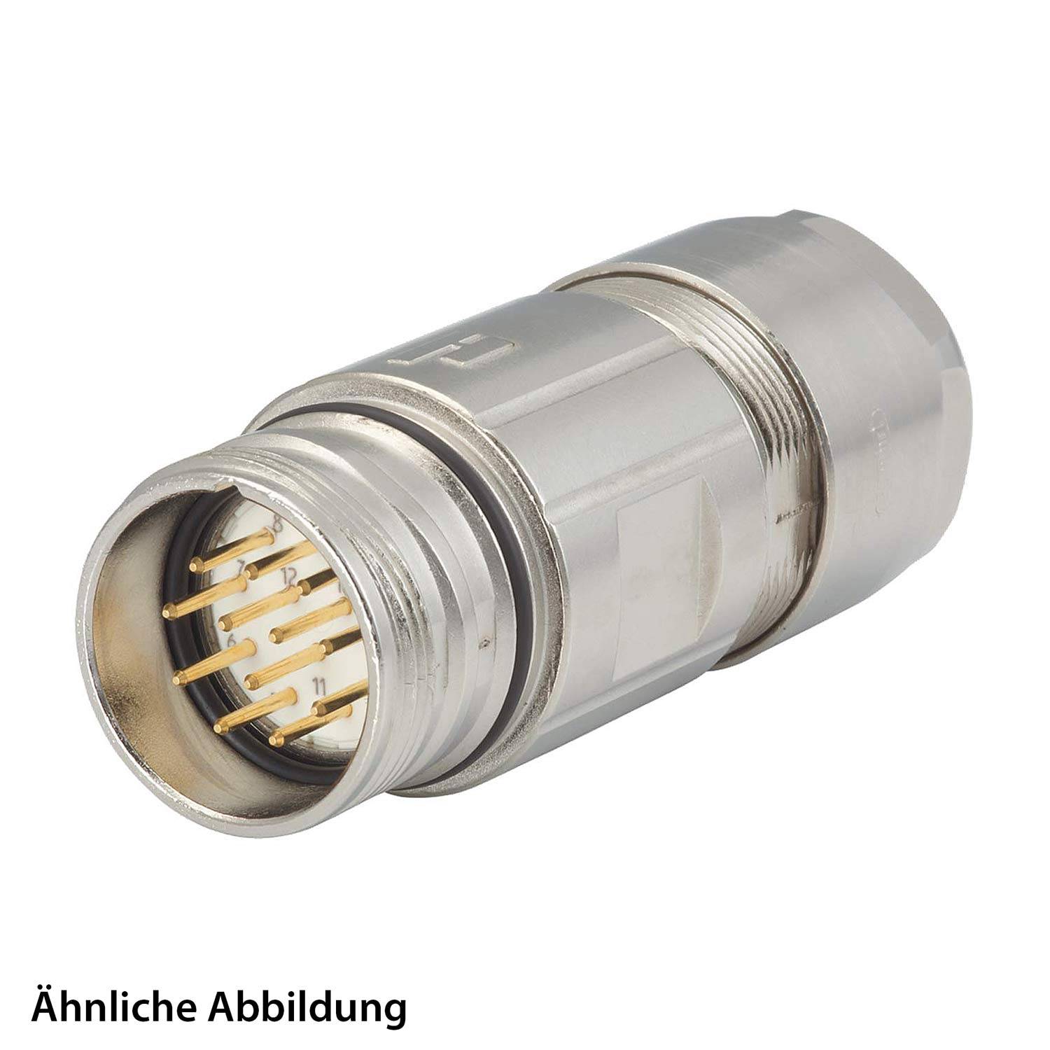 Ein metallischer zylindrischer Steckverbinder mit mehreren Goldkontakten, der für elektrische Verbindungen verwendet wird.