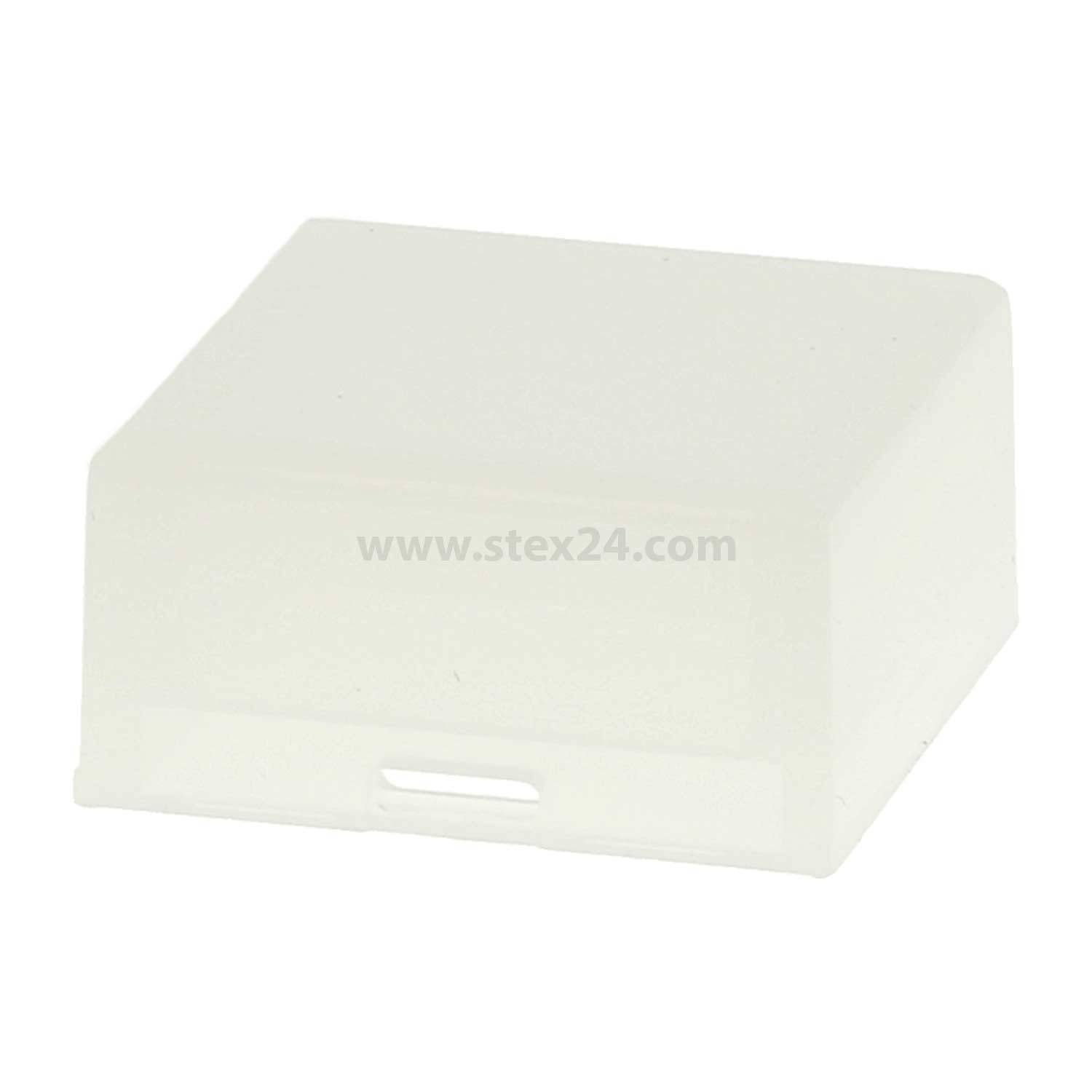 Eine weiße, undurchsichtige Gummi- oder Silikonkappe mit rechteckiger Form und flacher Oberfläche, leicht gewinkelt, um ihre Dicke und Struktur zu zeigen.
