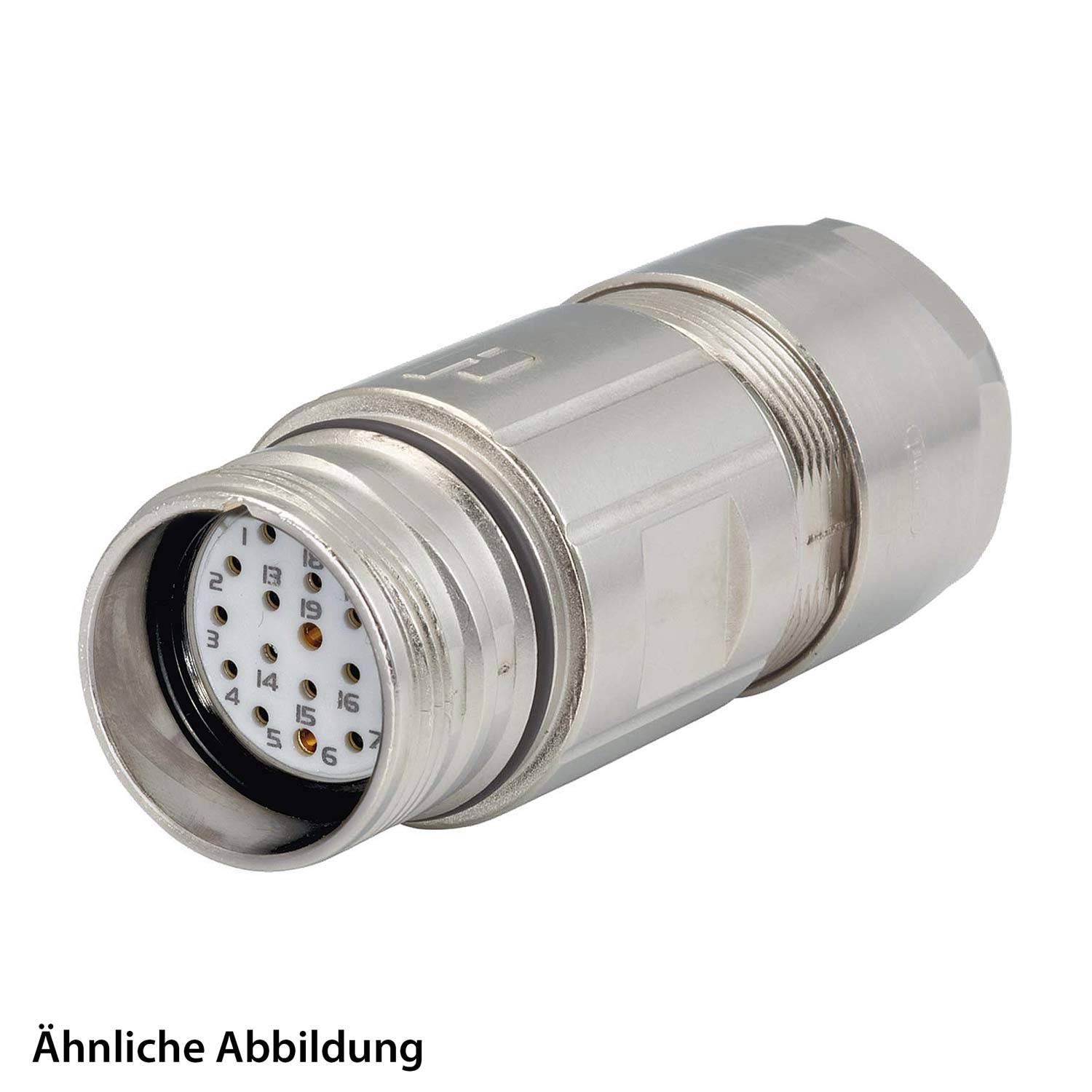 Ein zylindrischer Metallverbinder mit mehreren kleinen, nummerierten Pins im Inneren, der für elektrische Verbindungen verwendet wird. Text lautet 'Ähnliche Abbildung'.