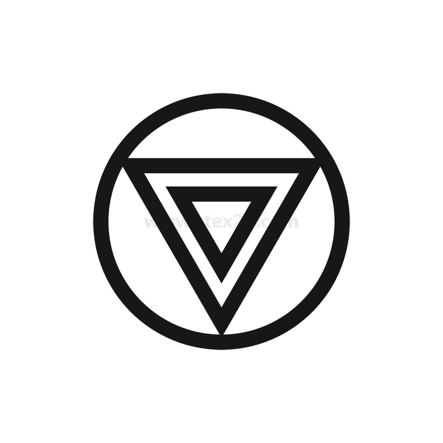 Ein Dreieck innerhalb eines Kreises, mit einem kleineren, invertierten Dreieck im Inneren. Schlichtes geometrisches Design, möglicherweise ein Symbol oder Logo.