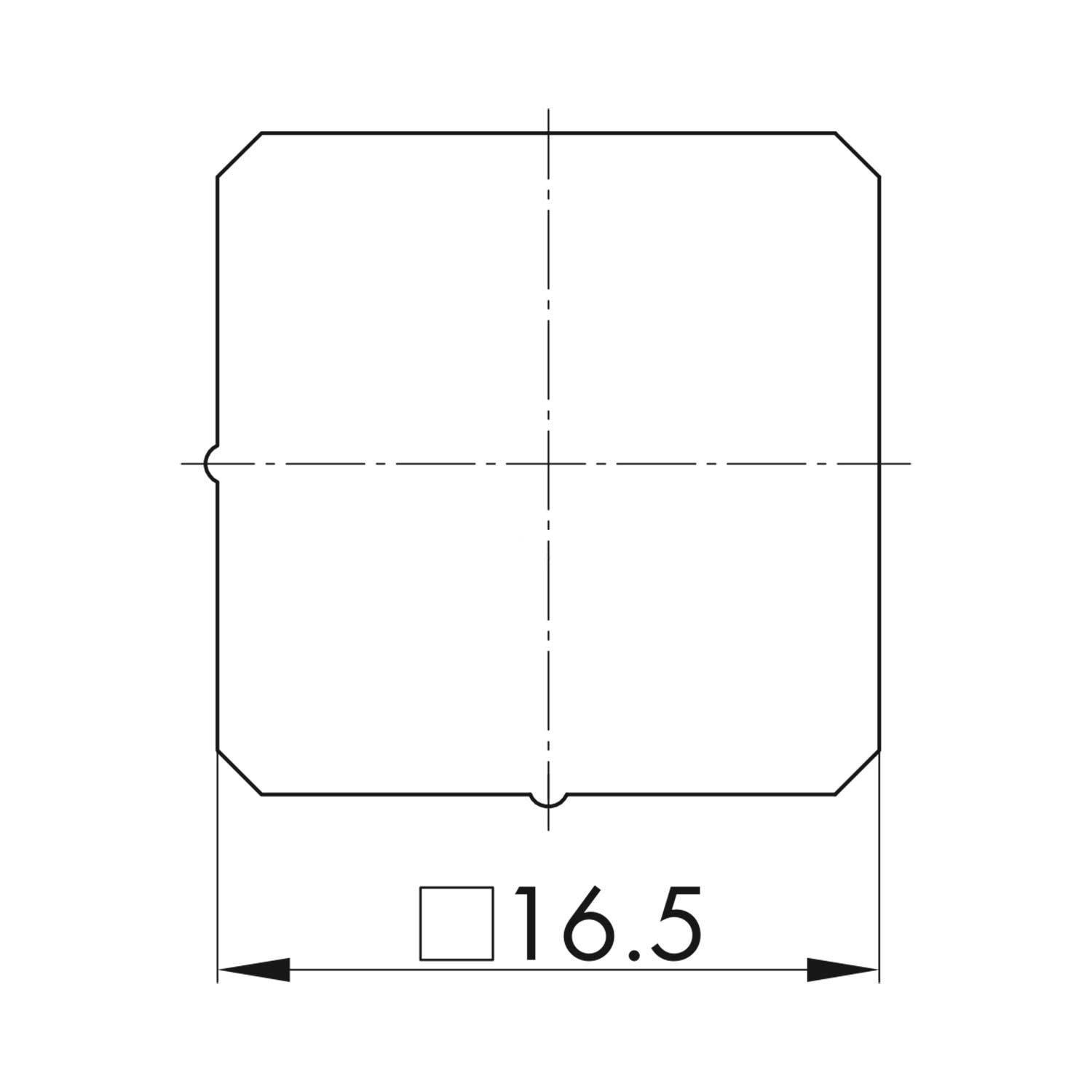 Quadratische Zeichnung mit abgerundeten Ecken zeigt Formabmessungen an. Zentrale Linien geben Symmetrie an. '16,5' Maßangabe darunter.