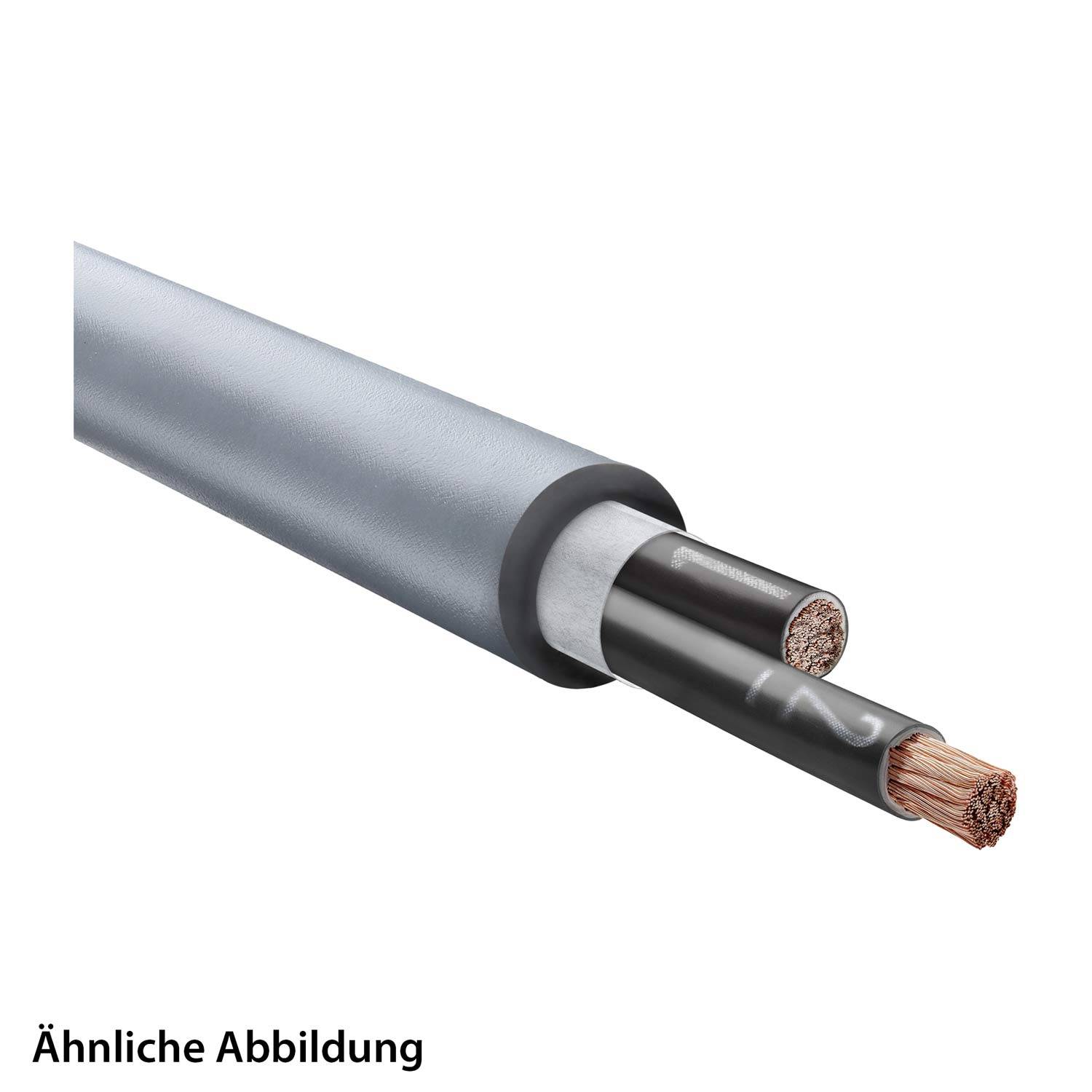 Bild eines Querschnitts eines zylindrischen Kabels, das eine dicke äußere Isolierung, einen inneren metallischen Leiterkern zeigt und als ähnliche Darstellung beschriftet ist.