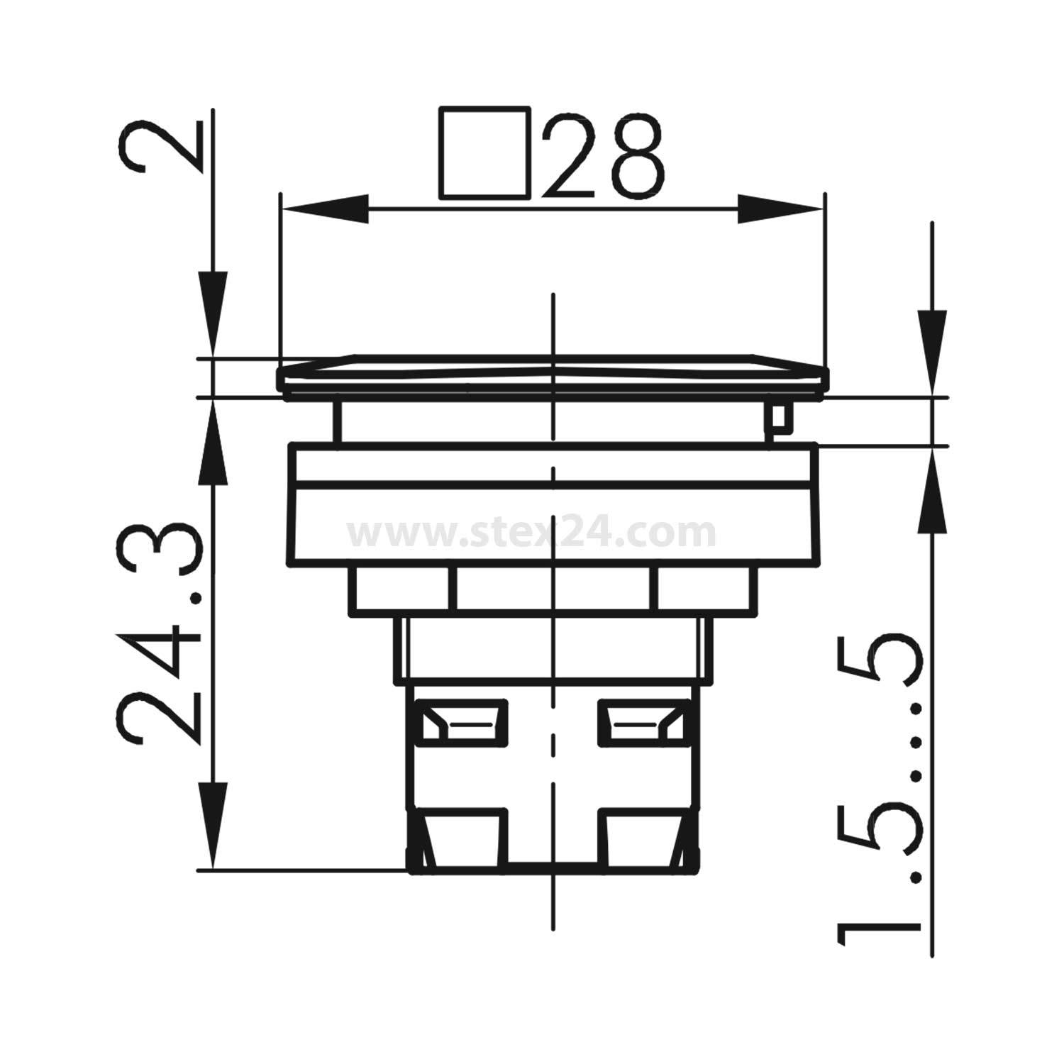 Eine technische Zeichnung eines quadratischen Knopfes mit Abmessungen: Breite 28 mm, Höhe 24,3 mm und Tiefe zwischen 1,5 mm und 5 mm.