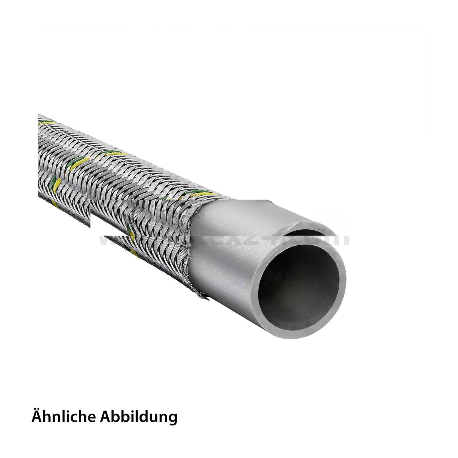 Ein Abschnitt eines flexiblen Metallschlauchs mit Schnittansicht, der seine internen Schichten und Struktur zeigt. Text darunter liest sich 