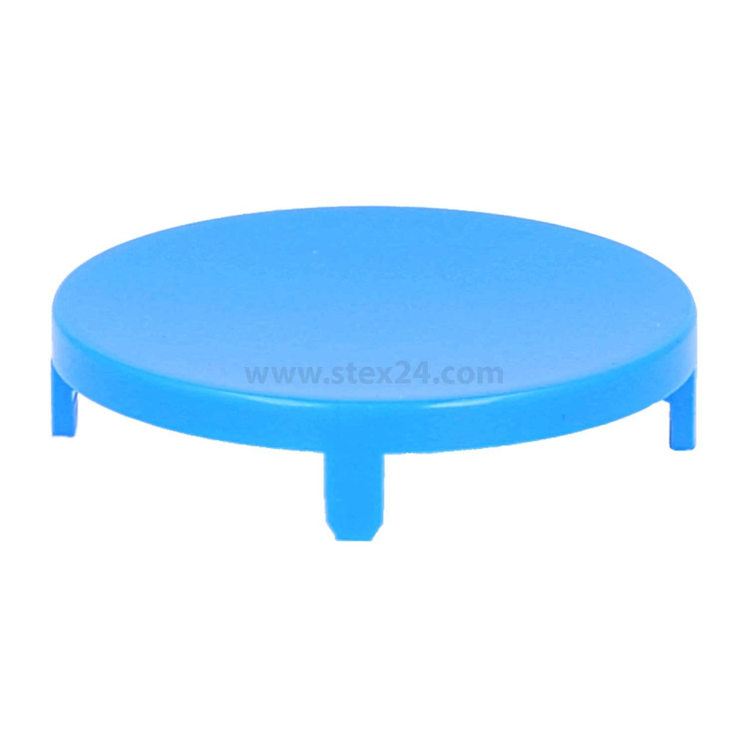 Ein blauer runder Deckel mit vier kleinen Beinen zum aufrechten Stehen, der als Abdeckung oder Deckel verwendet wird.