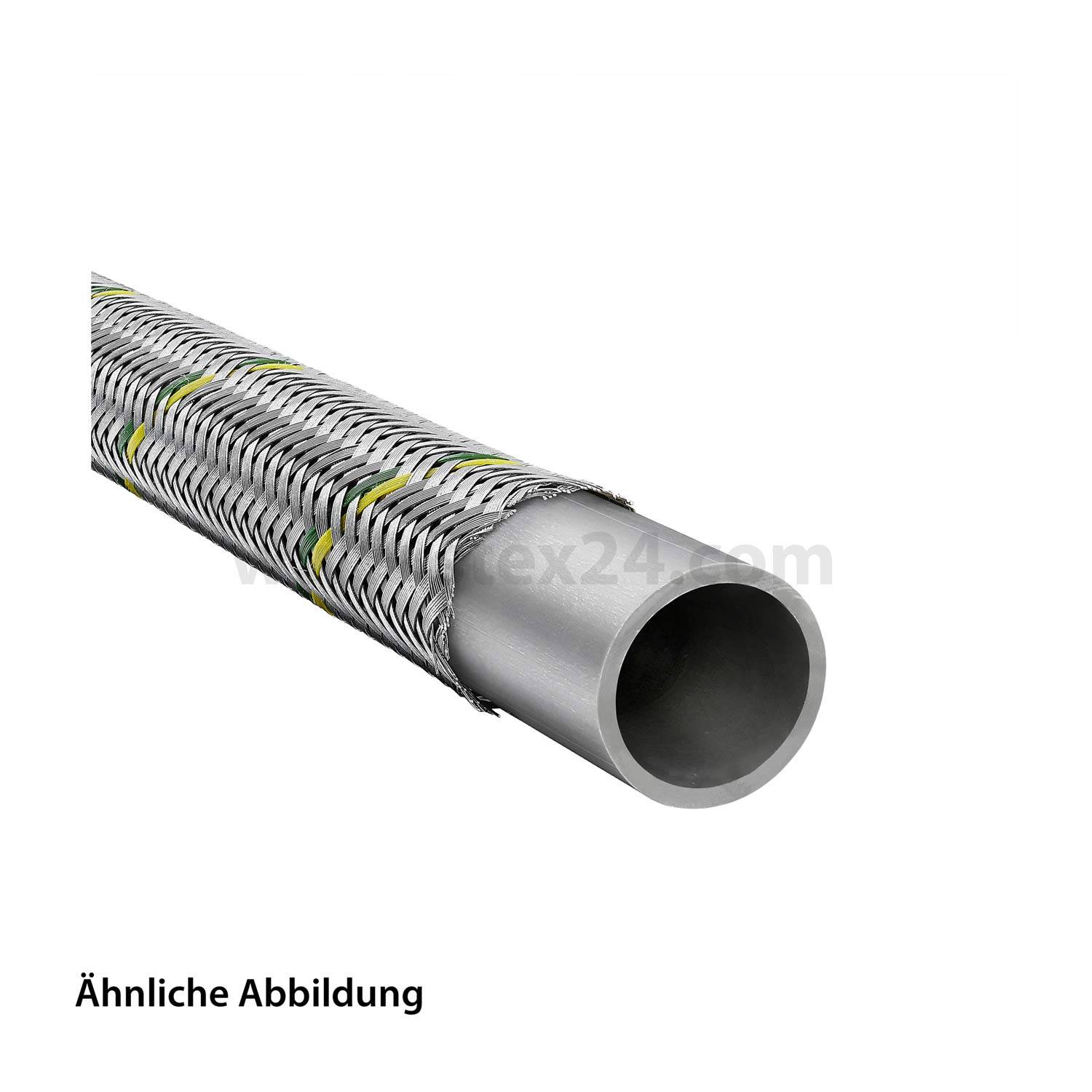 Ein flexibler Metallschlauch mit einer schützenden äußeren Umflechtung ist abgebildet. Der Text lautet 