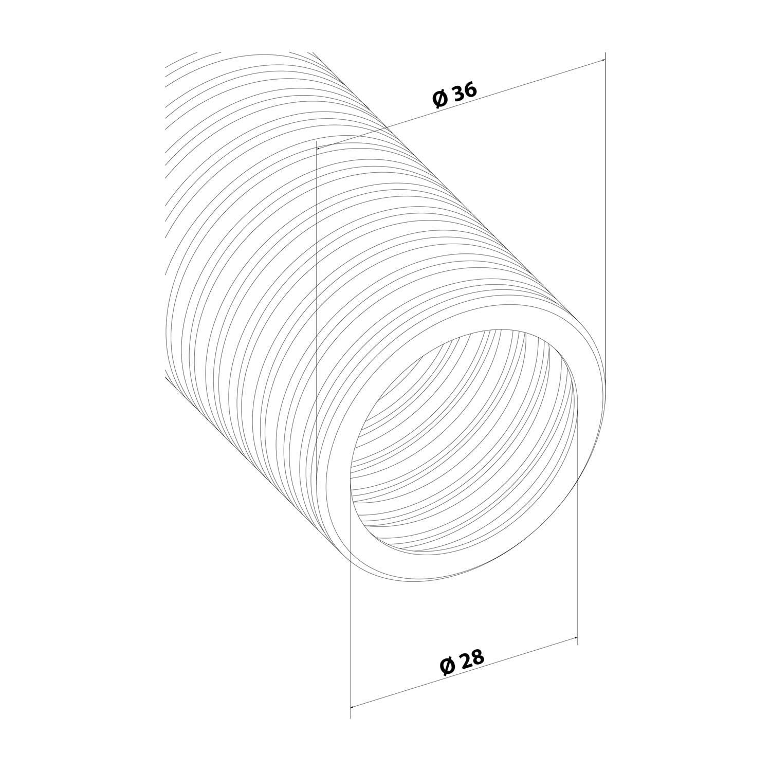 Linienzeichnung eines zylindrischen Objekts mit Spiralrillen, Durchmesser 'Ø36' am äußeren Rand, Innendurchmesser 'Ø28'.