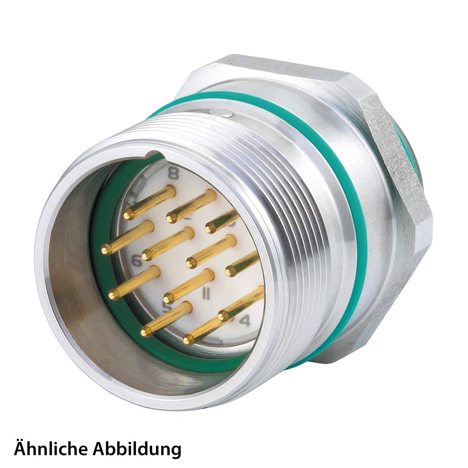 Ein zylindrischer Metallverbinder mit mehreren Goldstiften im Inneren, umgeben von einem grünen Ring, der für sichere elektrische Verbindungen konzipiert ist.