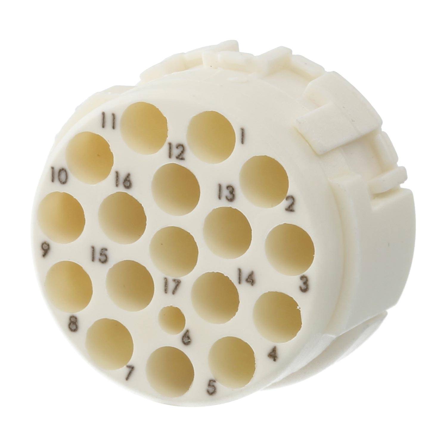 Weißer kreisförmiger 18-poliger elektrischer Stecker mit nummerierten Löchern