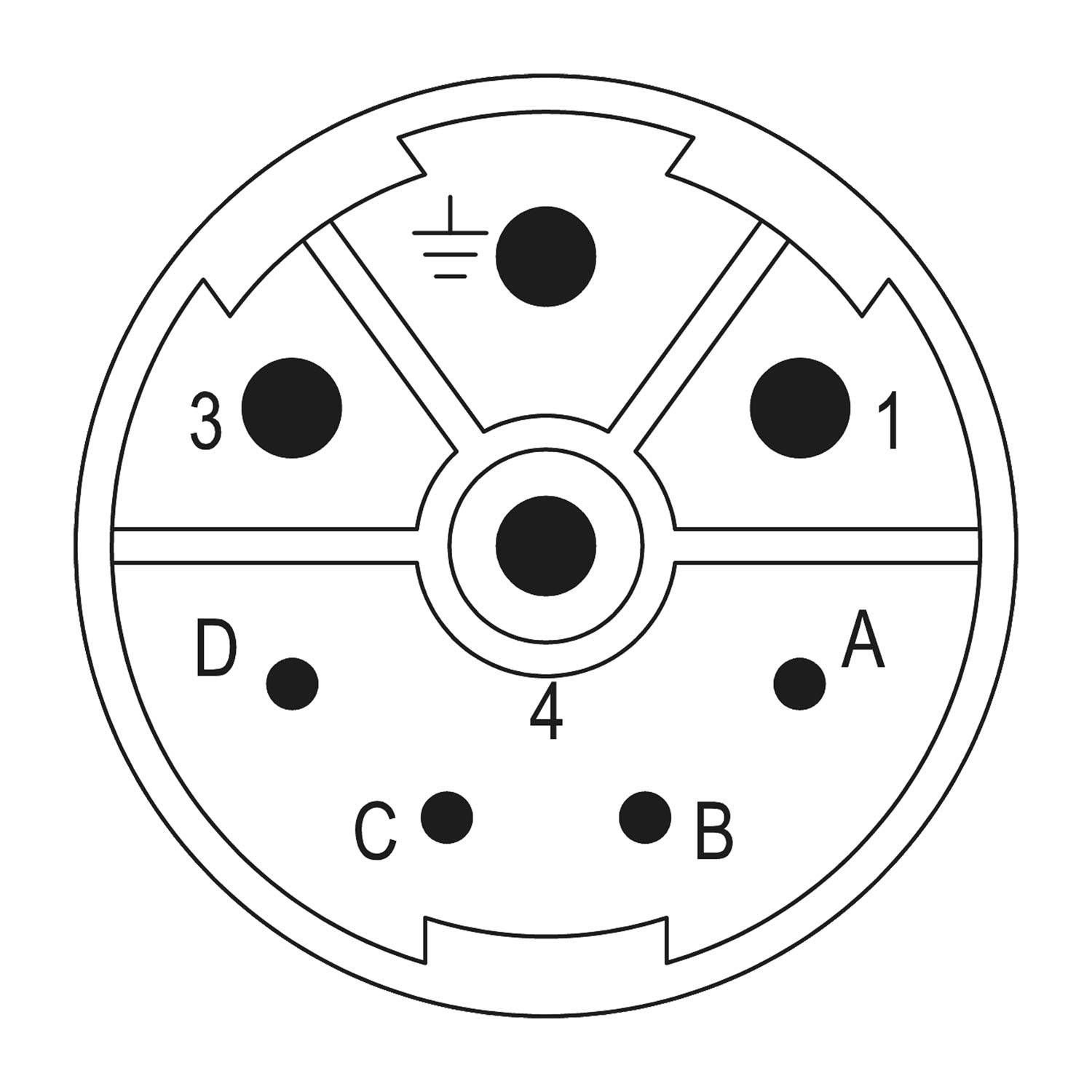 Ladesteckdosen-Diagramm mit nummerierten und mit Buchstaben gekennzeichneten Abschnitten, von 1 bis 4 und A bis D bezeichnet, die verschiedene Anschlusspunkte zeigen.