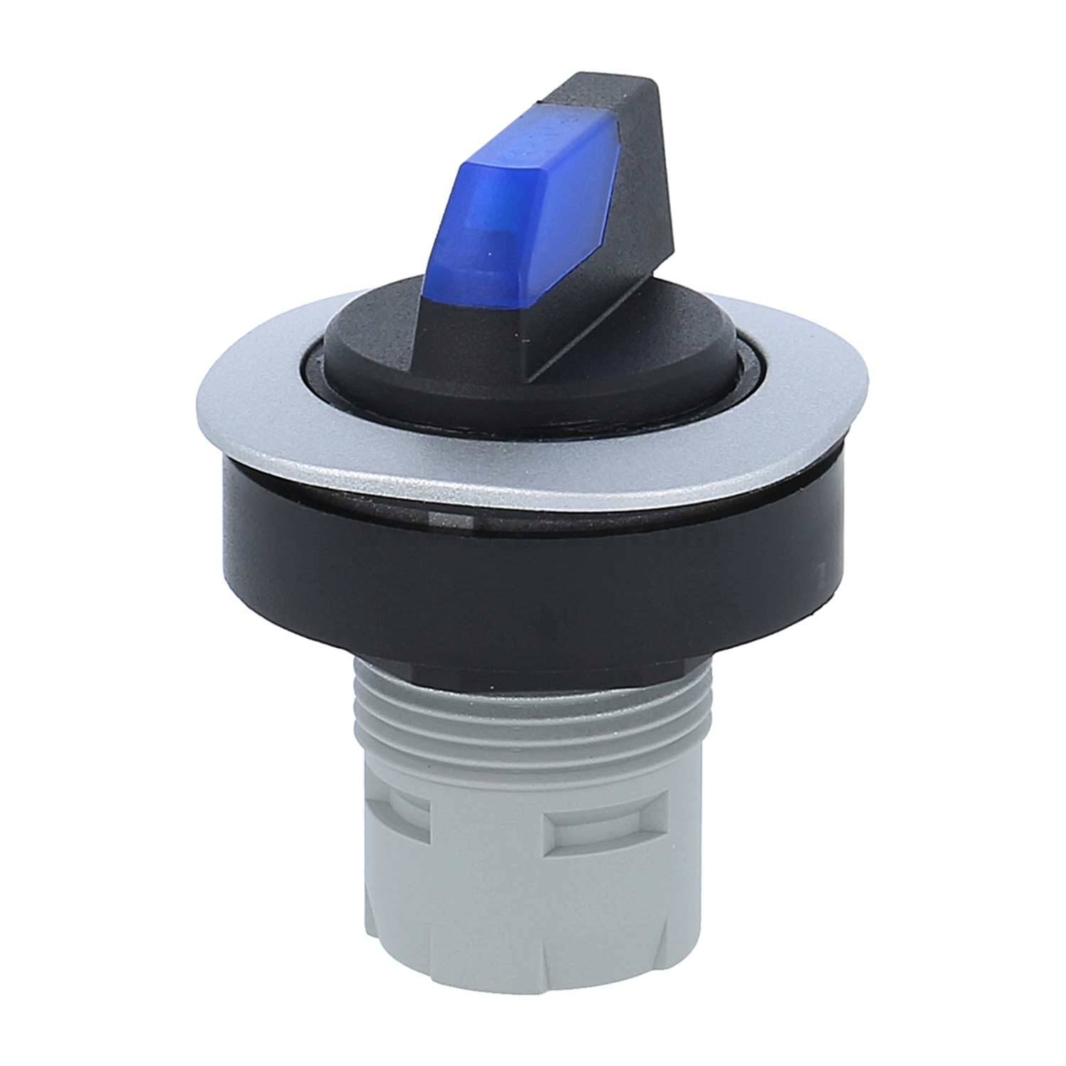 Ein blauer Wahlschalter mit einem schwarz-silbernen Sockel, der in Bedienungspanels zur Auswahl verschiedener Betriebsmodi verwendet wird.