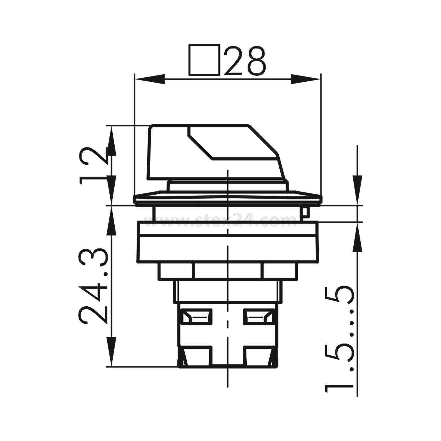 Technische Zeichnung eines quadratischen Schalters mit Abmessungen: 28 mm breite Oberseite, 1,5–5 mm Tiefe Basis, 24,3 mm Höhe von Basis bis Oberkante, 12 mm Schalterhöhe.