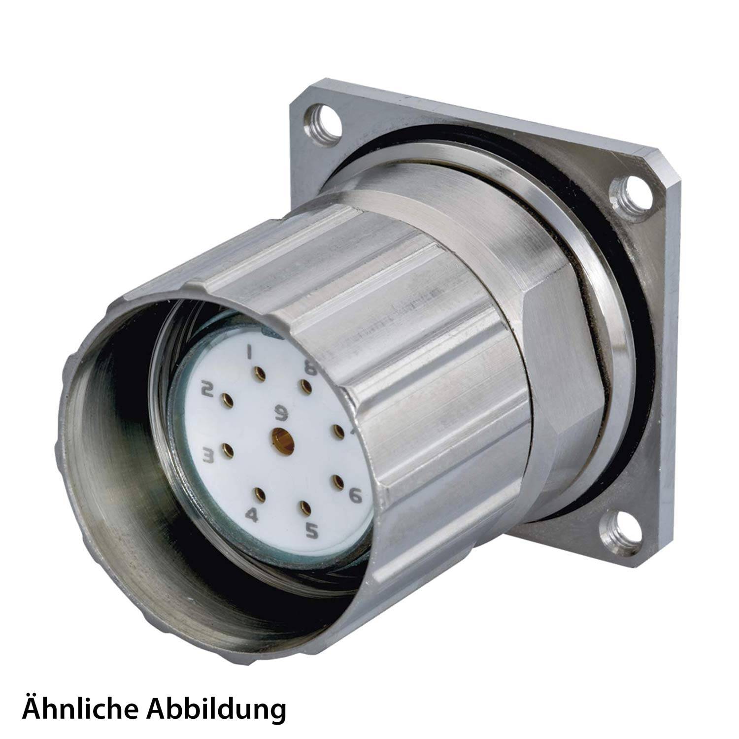 Ein zylindrischer Metallverbinder mit einer quadratischen Basis, die mehrere mit Zahlen beschriftete Anschlüsse aufweist. Text: Ähnliche Abbildung.