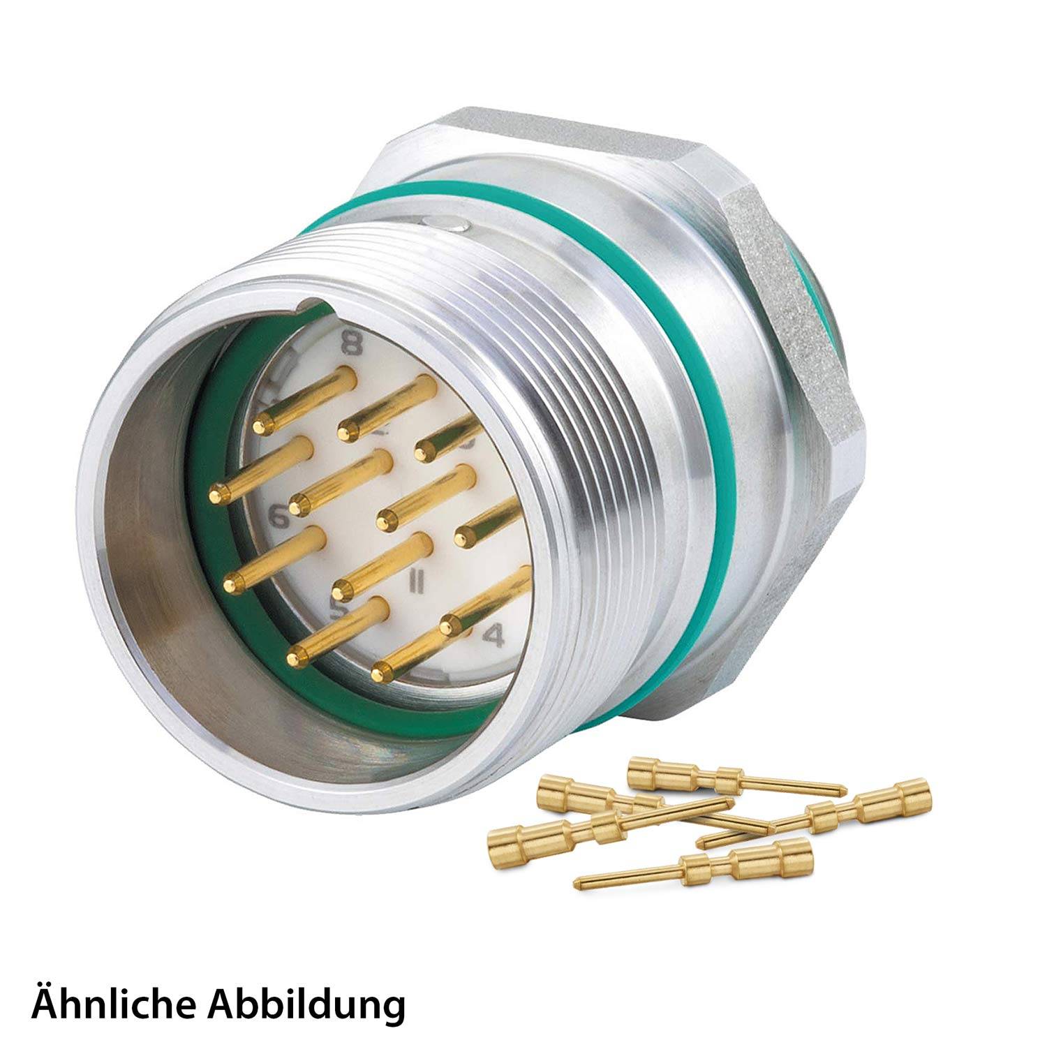 Ein metallischer kreisförmiger elektrischer Steckverbinder mit mehreren Goldkontakten und einer grünen Dichtung. Lose Stifte sind daneben platziert.