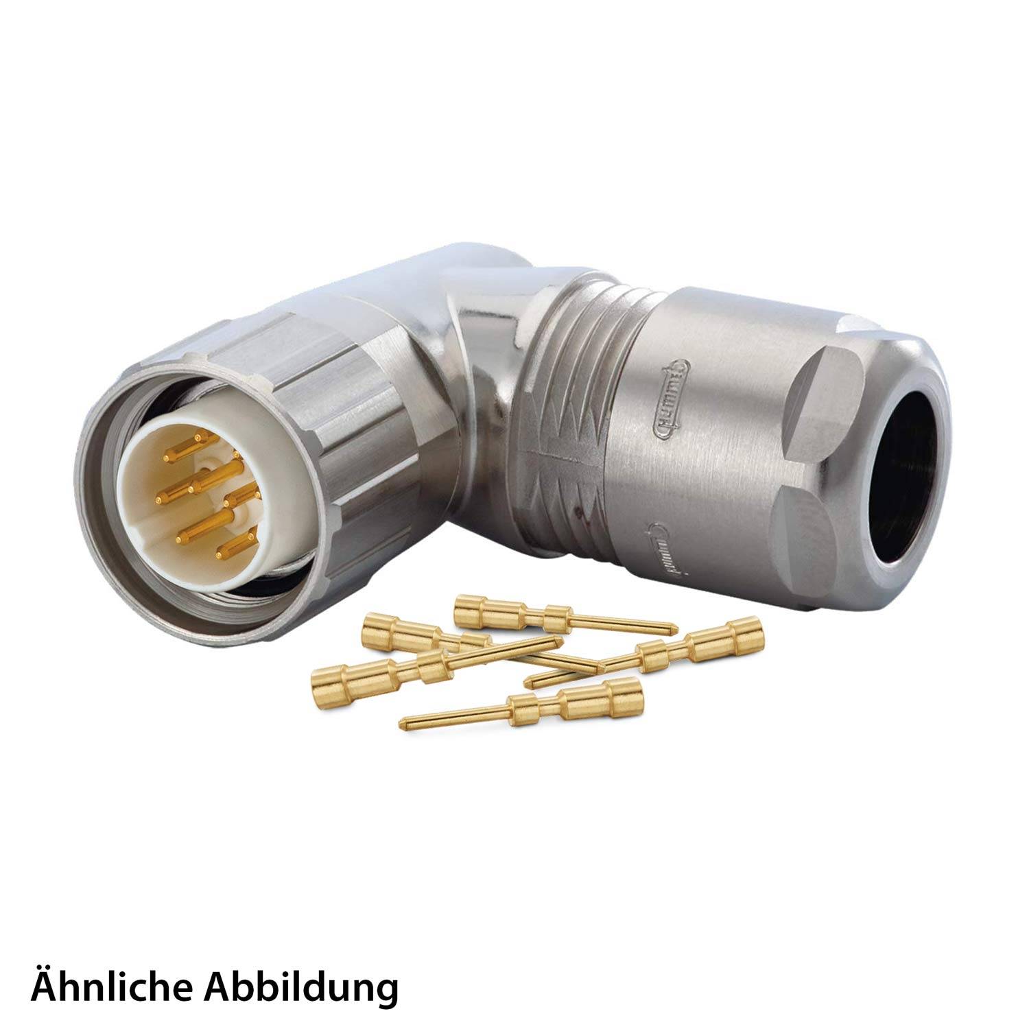 Ein Metallverbinder mit Goldstiften, dargestellt mit sieben losen Stiften daneben. Als ähnliche Darstellung gekennzeichnet.