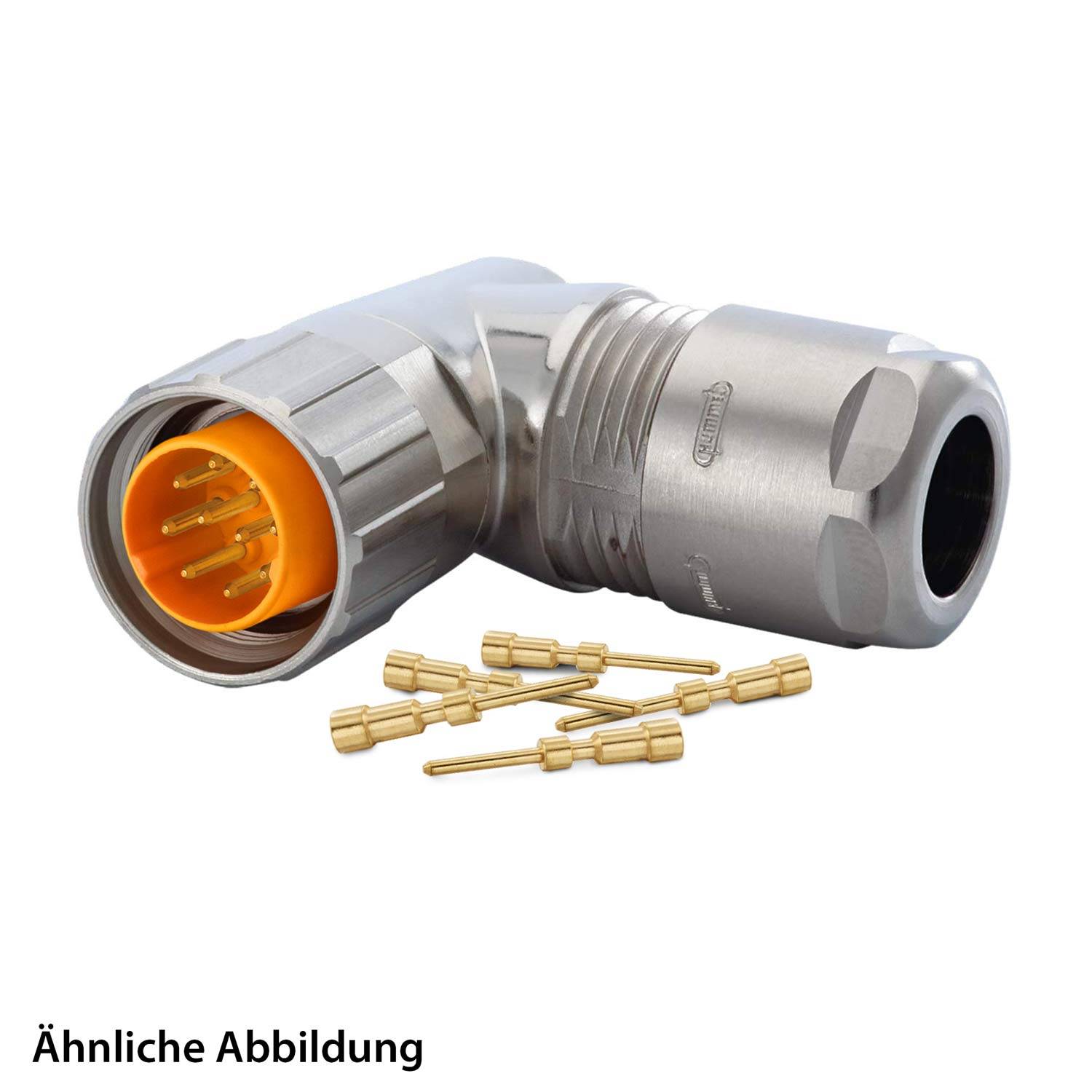 76-poliger Rundsteckverbinder mit vergoldeten Kontakten und Metallgehäuse im Winkel von 90 Grad. Text: 'Ähnliche Abbildung.
