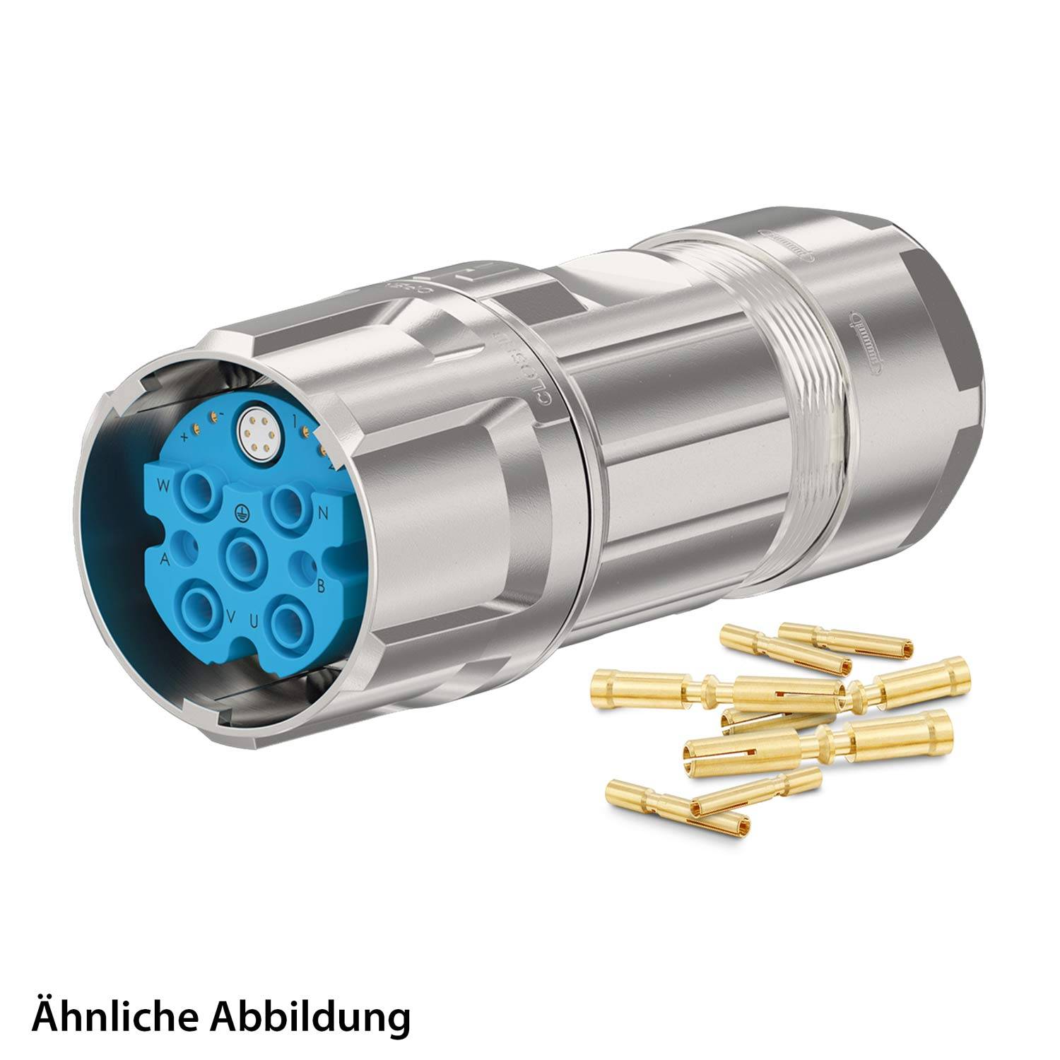 Ein silber- und blauer industrieller Verbinder mit mehreren runden Buchsen, begleitet von mehreren vergoldeten Stiften auf der rechten Seite.