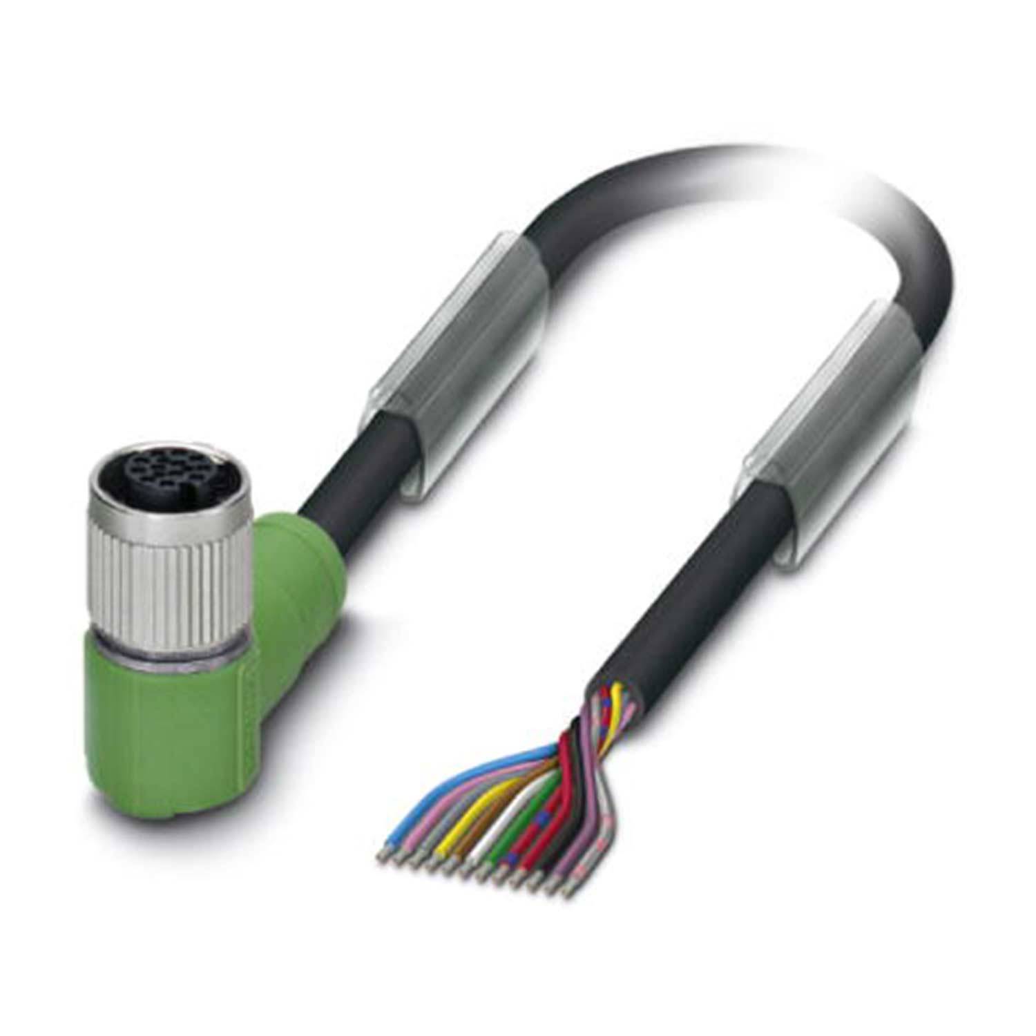 Grüner M12-Kabelstecker mit mehreren freigelegten Kabeln in verschiedenen Farben, verwendet für industrielle Automatisierung und Datenkommunikation.