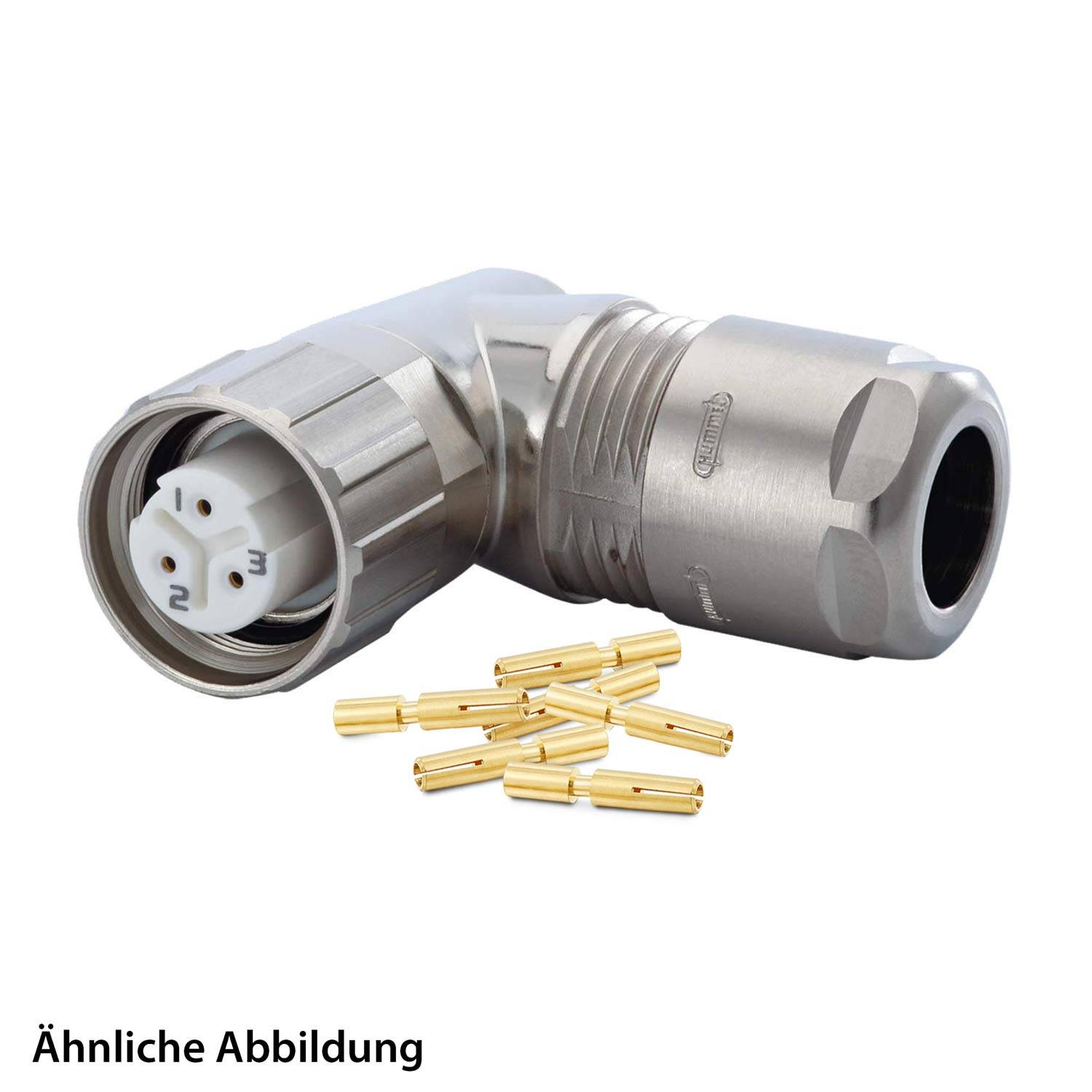 Ein ähnliches Bild zeigt einen metallischen elektrischen Anschluss mit einem 90-Grad-Winkel und mehreren Goldkontakten, der für industrielle Anwendungen verwendet wird.