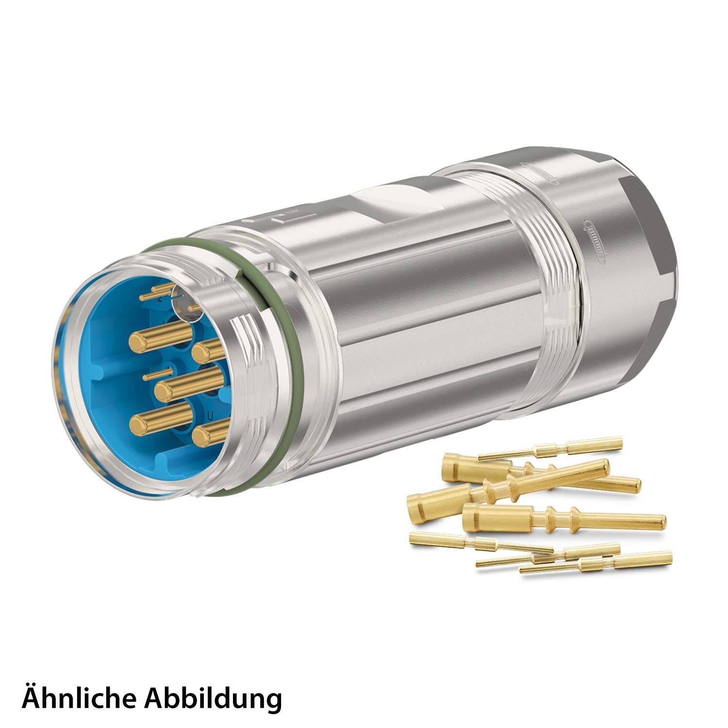 Ein metallischer zylindrischer Anschluss mit mehreren goldenen Stiften, begleitet von einigen losen Stiften. Text lautet 'Ähnliche Abbildung'.
