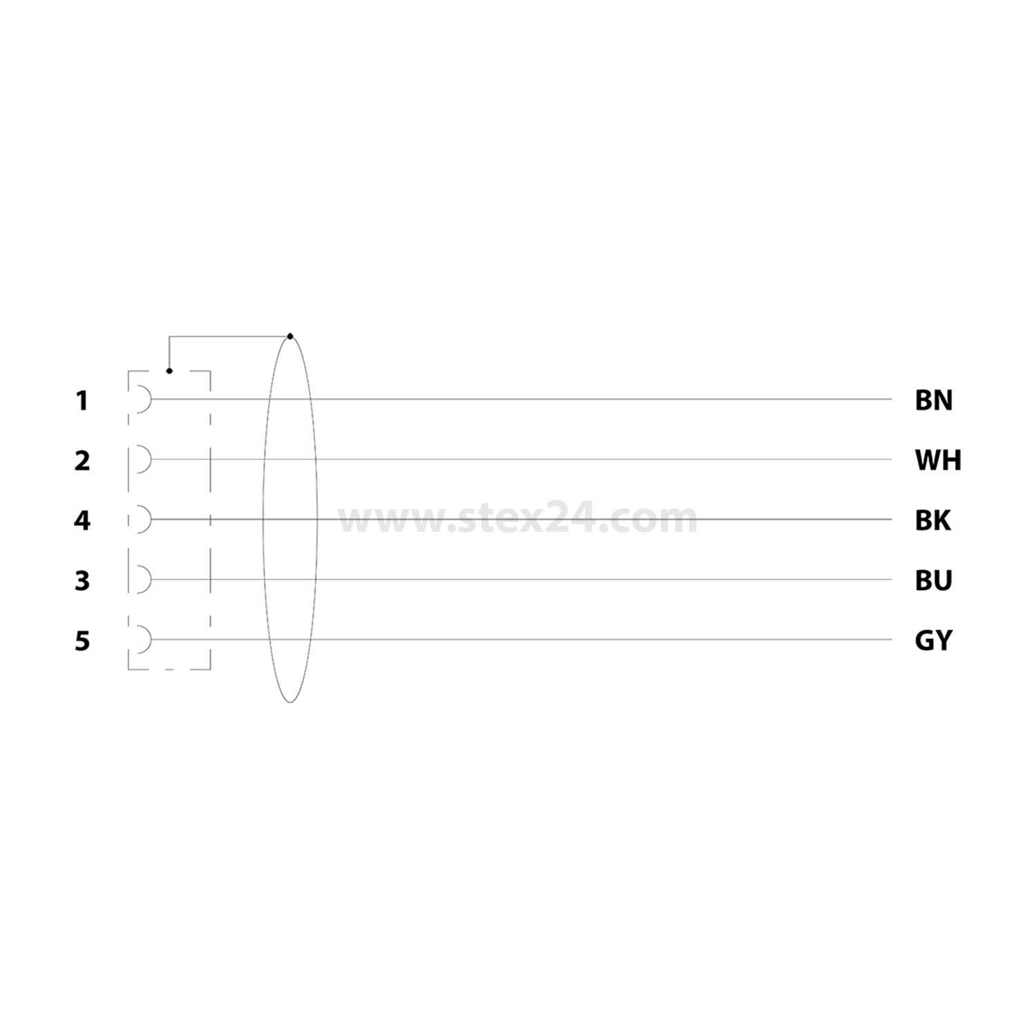 Darstellung eines 5-poligen Steckverbinders mit Pins von 1 bis 5; jeder Pin hat einen entsprechenden Farbcode: BN, WH, BK, BU, GY.