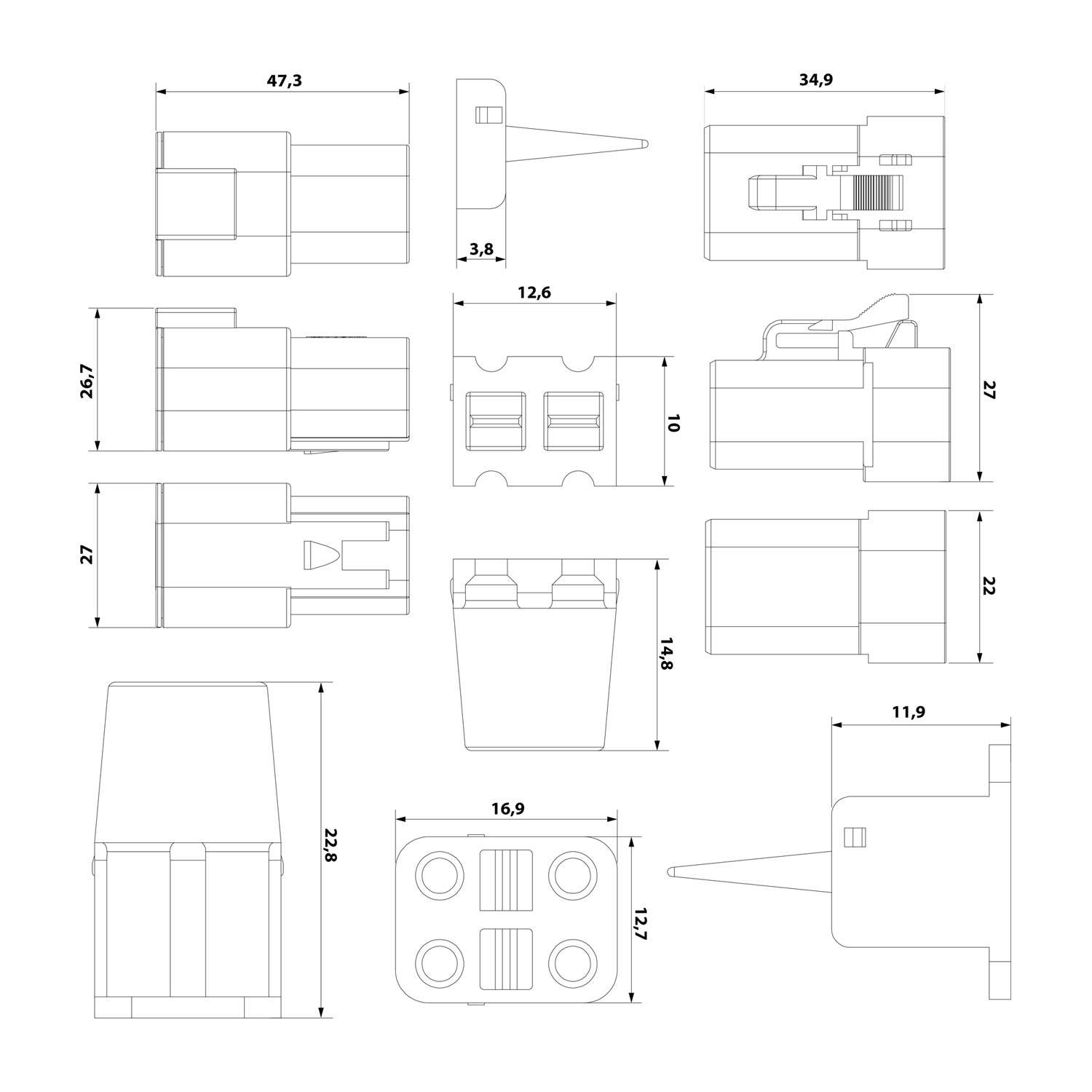 Technische Zeichnung einer mechanischen Komponente mit beschrifteten Maßen in Millimetern, die verschiedene Ansichten und Messungen zeigt.