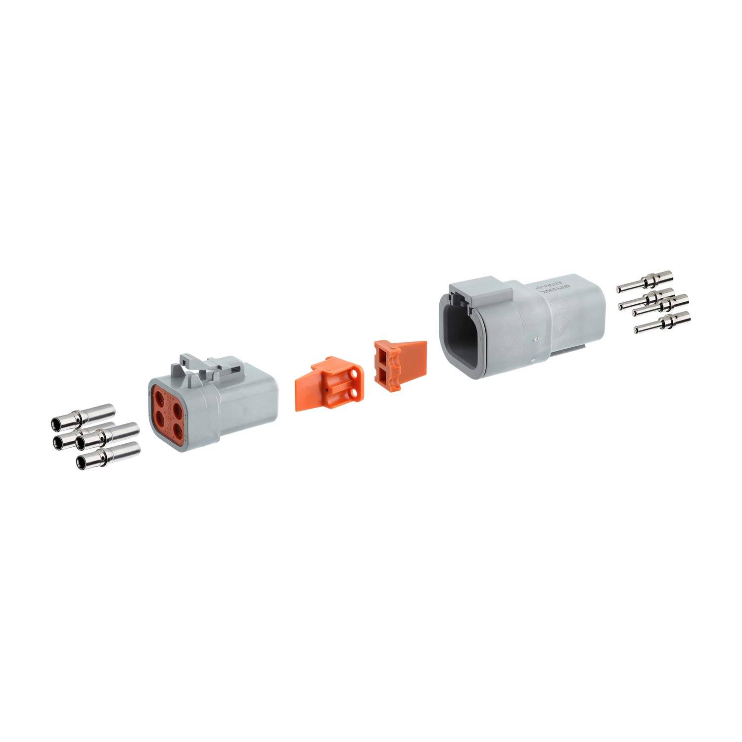 Bild eines zerlegten elektrischen Anschlusssets, einschließlich männlicher und weiblicher Anschlüsse, orangefarbener Sicherheitsverriegelungen und metallischer Stifte.