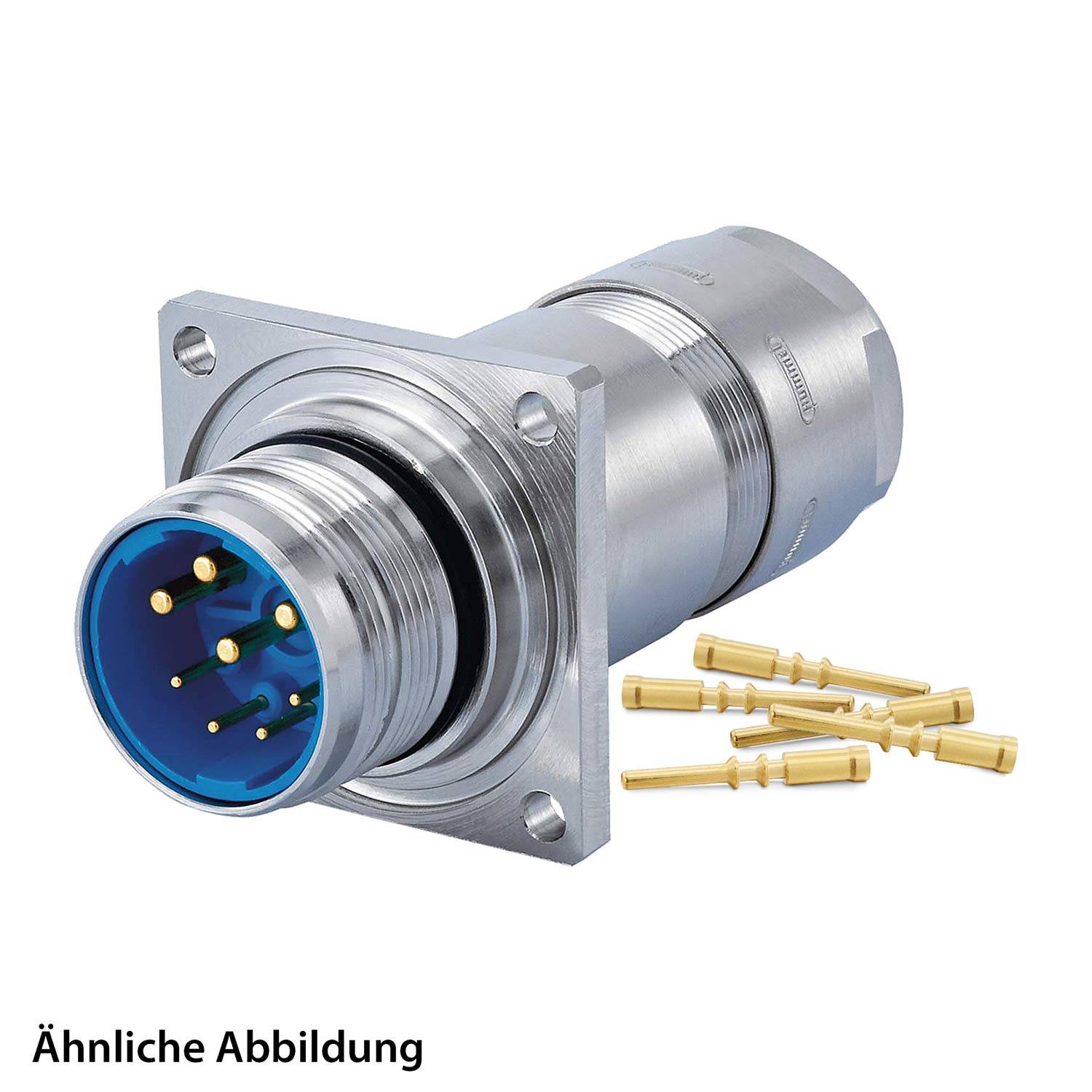 Ein zylindrischer metallischer Industrieverbinder mit mehreren Goldstiften wird zusammen mit separaten Goldkontakten gezeigt, was auf Verbindungsfunktionen hindeutet.