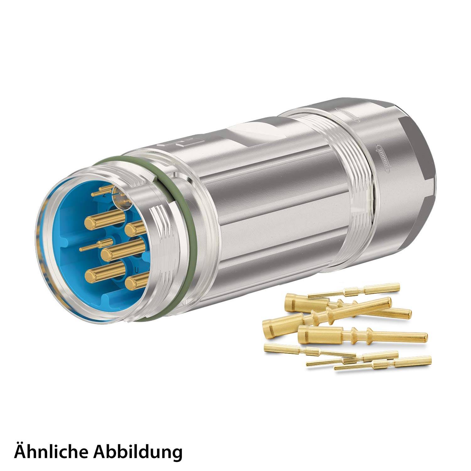 Ein zylindrischer Metallstecker mit elektrischen Kontakten, bestehend aus mehreren goldenen Pins, wird gezeigt, zusammen mit einigen losen goldenen Pins.