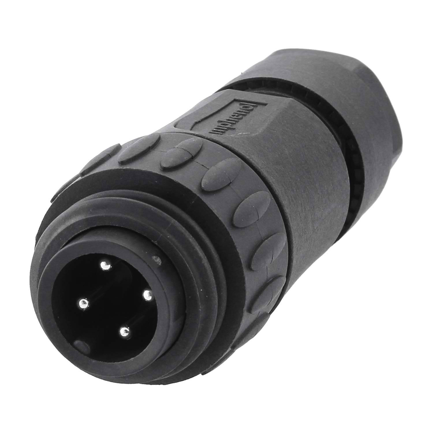 Ein schwarzer, zylindrischer elektrischer Stecker mit Metallkontakten, der für sichere Kabelverbindungen in Audio- oder elektronischen Geräten verwendet wird.