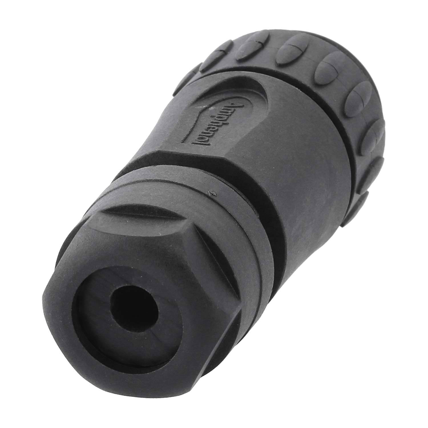 Ein schwarzer zylindrischer Verbinder mit robustem Design, ausgestattet mit einer kleinen kreisförmigen Öffnung und strukturierter Griffoberfläche für sicheren Halt und zuverlässige Verbindung.