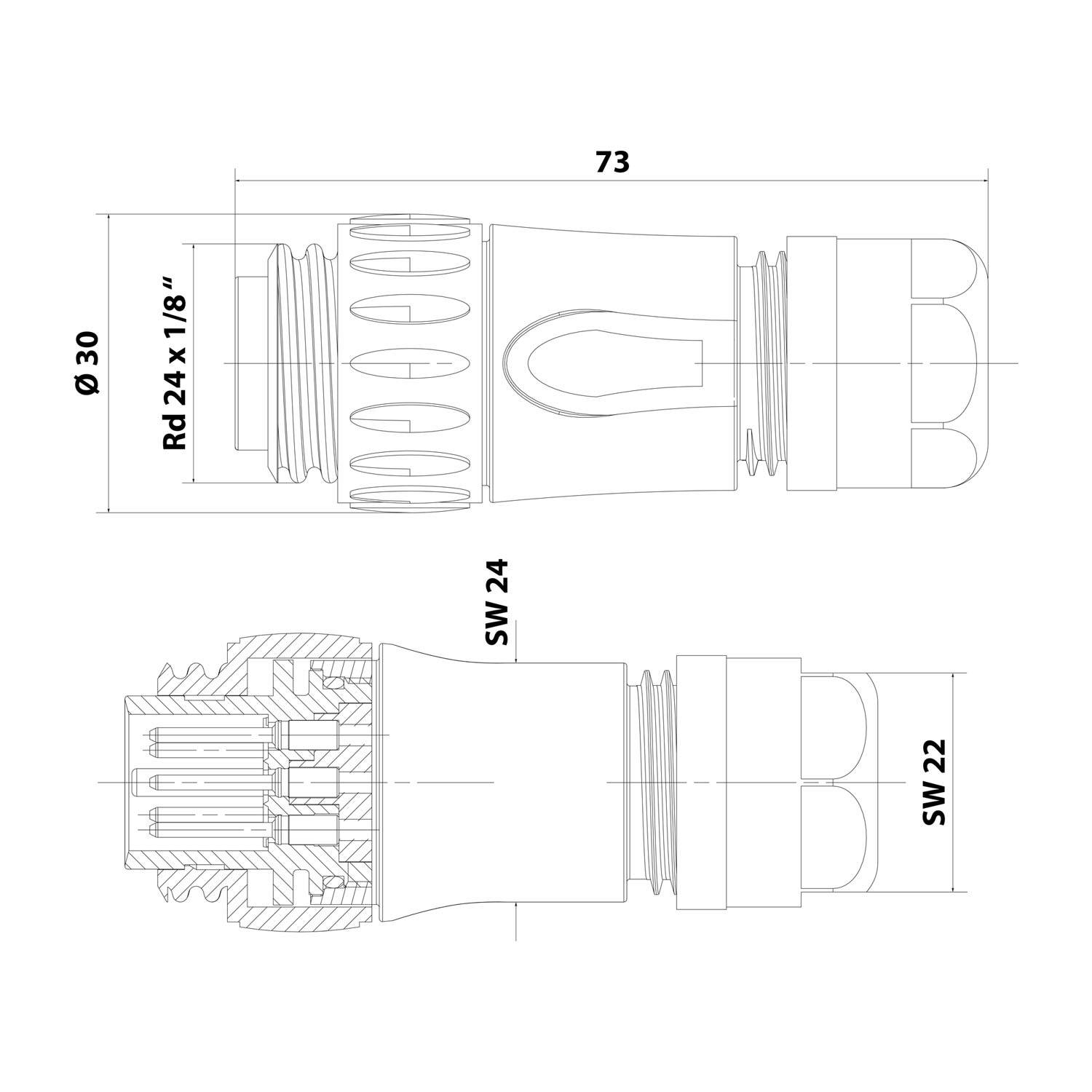 C01630H00610010 Amphenol RD24-KSG Kabelsteckverbinder gerade Stift Lötanschluss, Polzahl 6+PE Kabelabgang gerade,