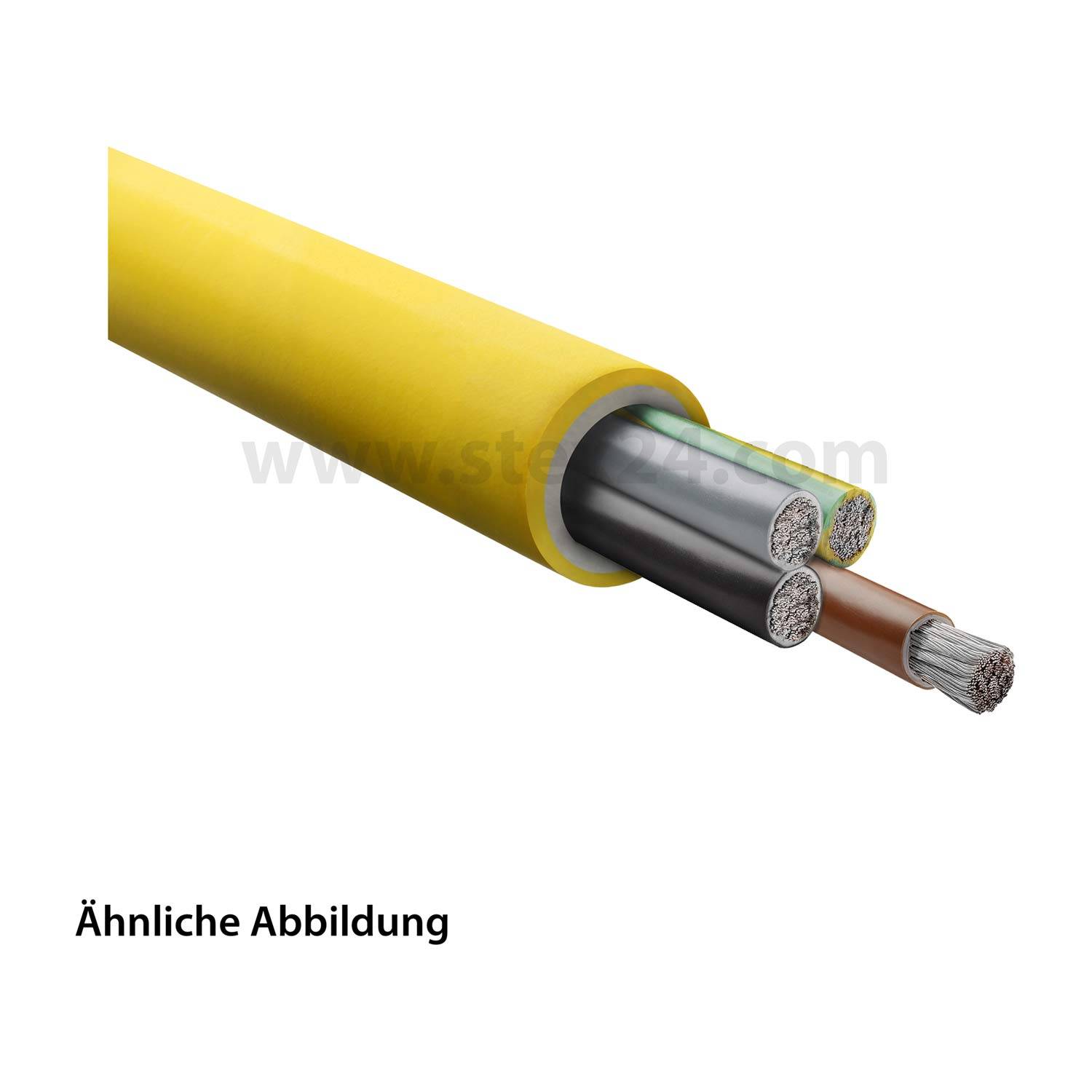 Ein Querschnitt eines gelben isolierten elektrischen Kabels, der innenliegende Drähte zeigt, einschließlich zweier metallumflochtener Litzen und eines Kupferdrahts.