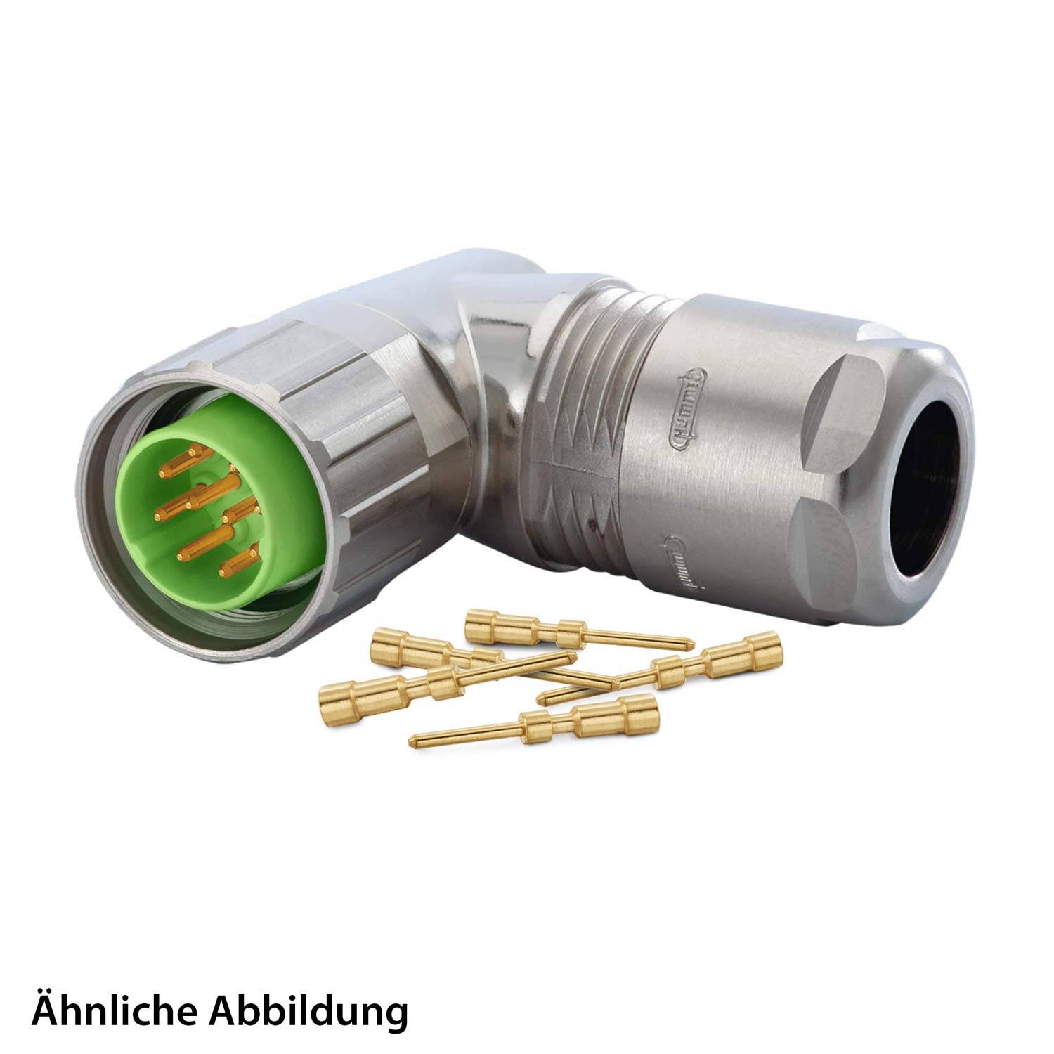 Ein metallischer Winkelverbinder mit grünem Innenraum und goldenen Kontaktstiften wird abgebildet. Dazu sind separate goldene Kontaktstifte dargestellt.
