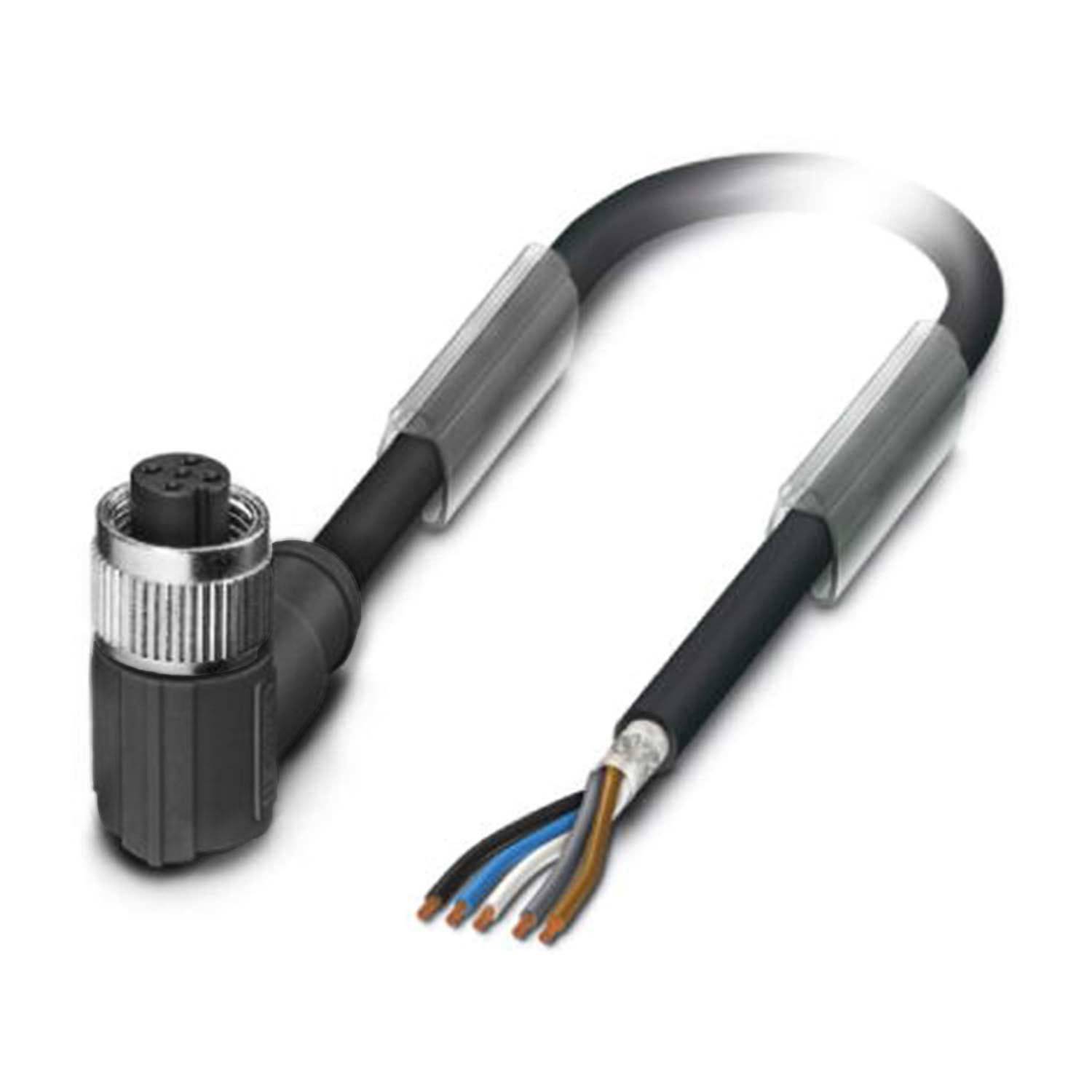 Ein schwarzes elektrisches Kabel mit einem 4-poligen Stecker und freiliegenden Leitungen am anderen Ende, wobei einzelne farbige Kabeladern für die elektrische Verbindung sichtbar sind.