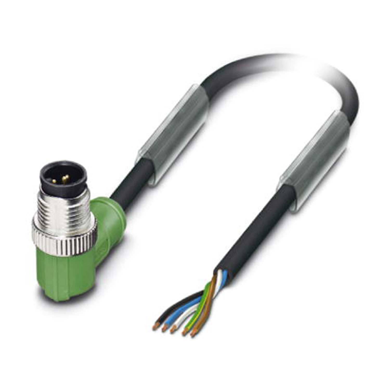 Ein grünes, gewinkelte industrielles Anschlusskabel mit einem sichtbaren Satz von vier farbigen Drähten am Ende.